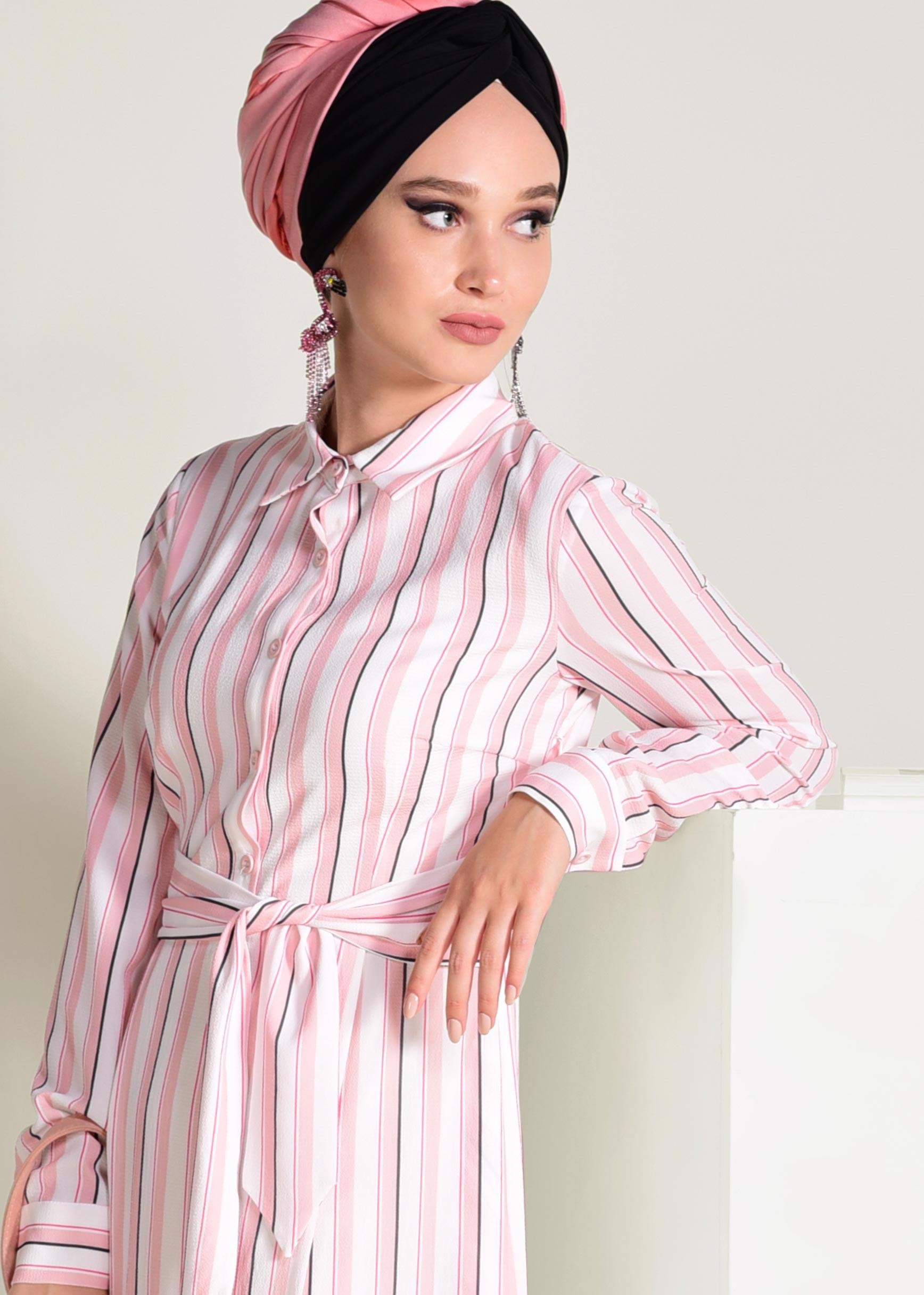 Tesettür giyim PUDRA ÇİZGİLİ BAĞCIKLI ELBİSE 4355