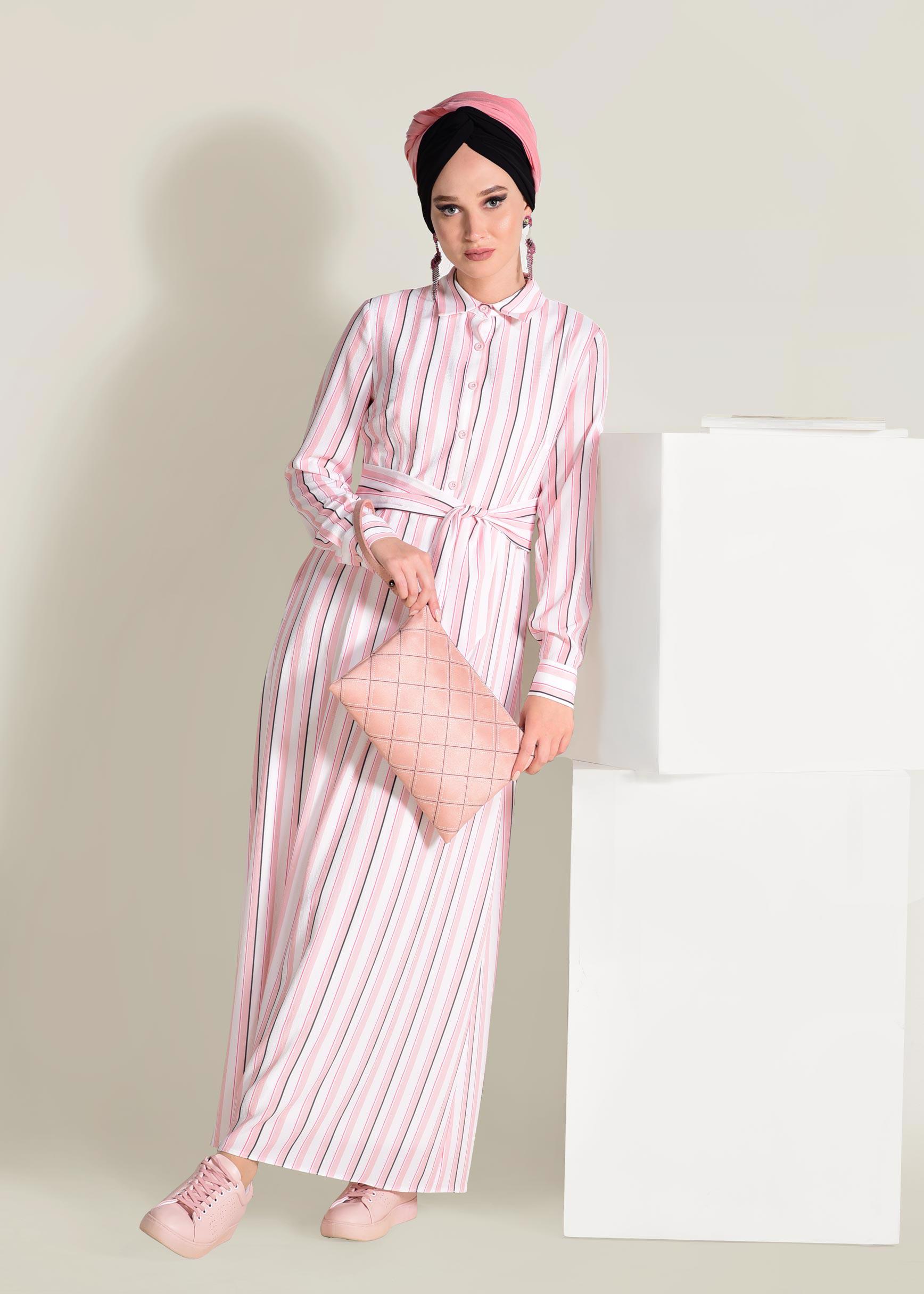 Tesettür giyim PUDRA ÇİZGİLİ BAĞCIKLI ELBİSE 4355
