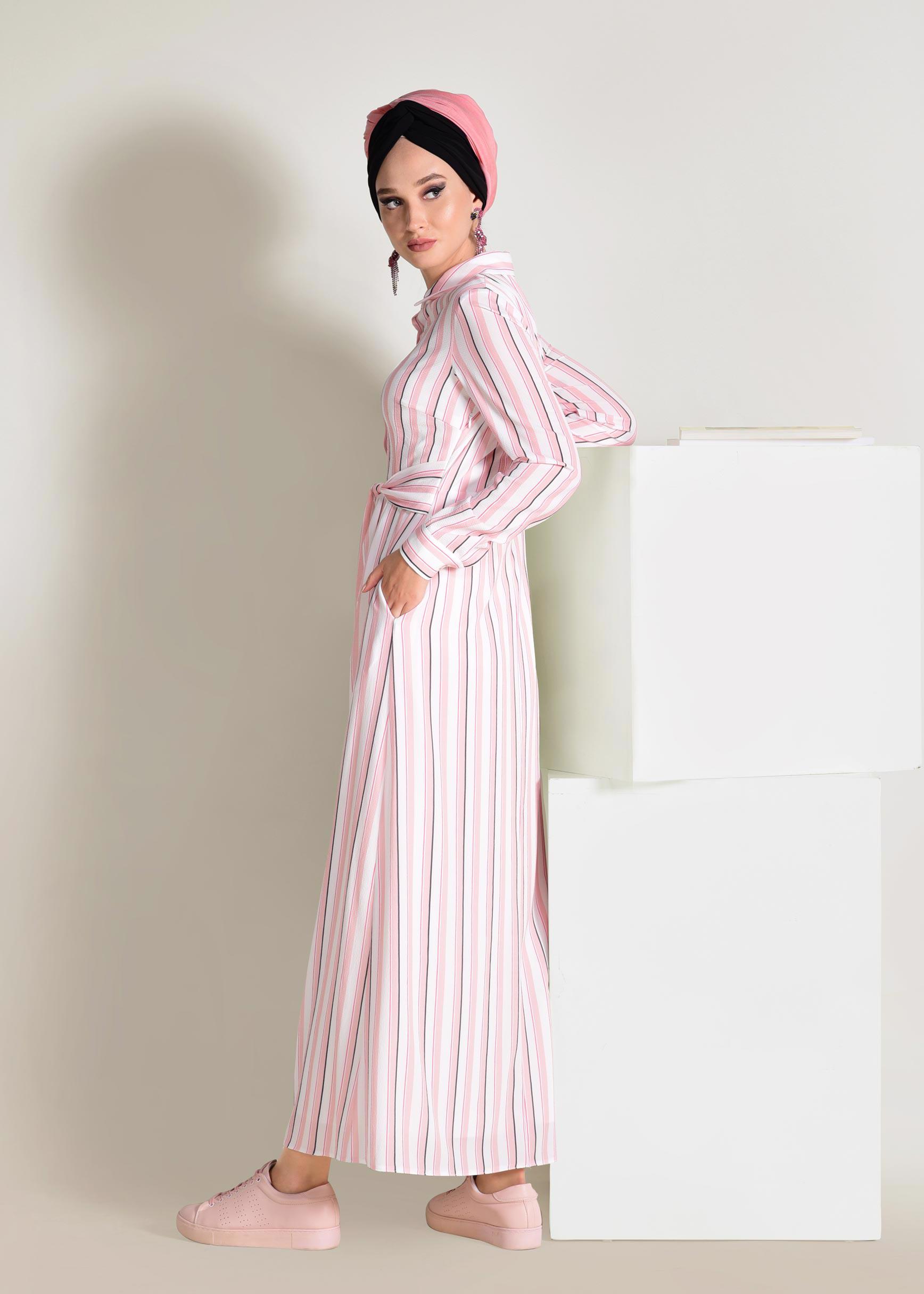 Tesettür giyim PUDRA ÇİZGİLİ BAĞCIKLI ELBİSE 4355