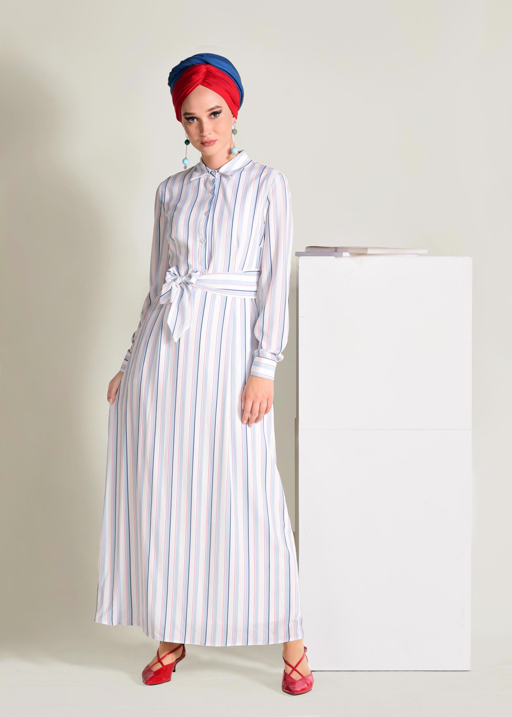 Tesettür giyim MAVİ ÇİZGİLİ BAĞCIKLI ELBİSE 4355