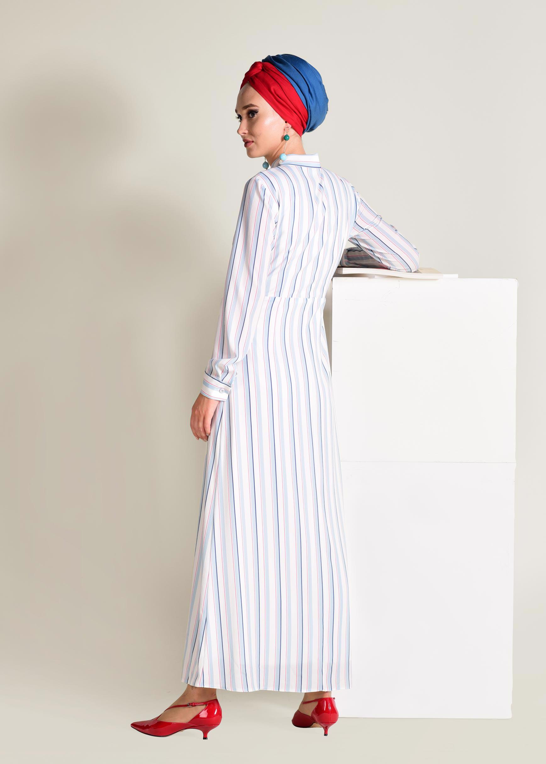 Tesettür giyim MAVİ ÇİZGİLİ BAĞCIKLI ELBİSE 4355