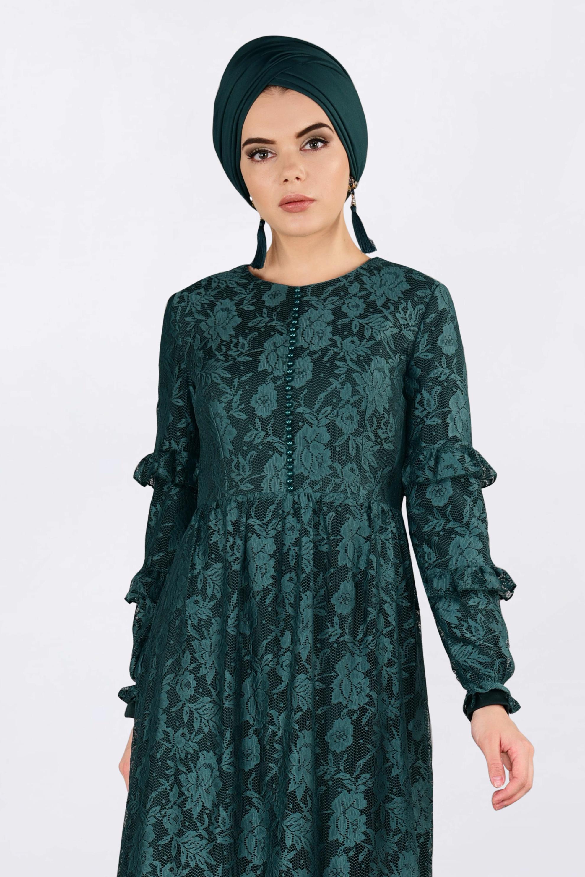Tesettür giyim YEŞİL ETEK UCU VOLANLI DANTELLİ ELBİSE 4356