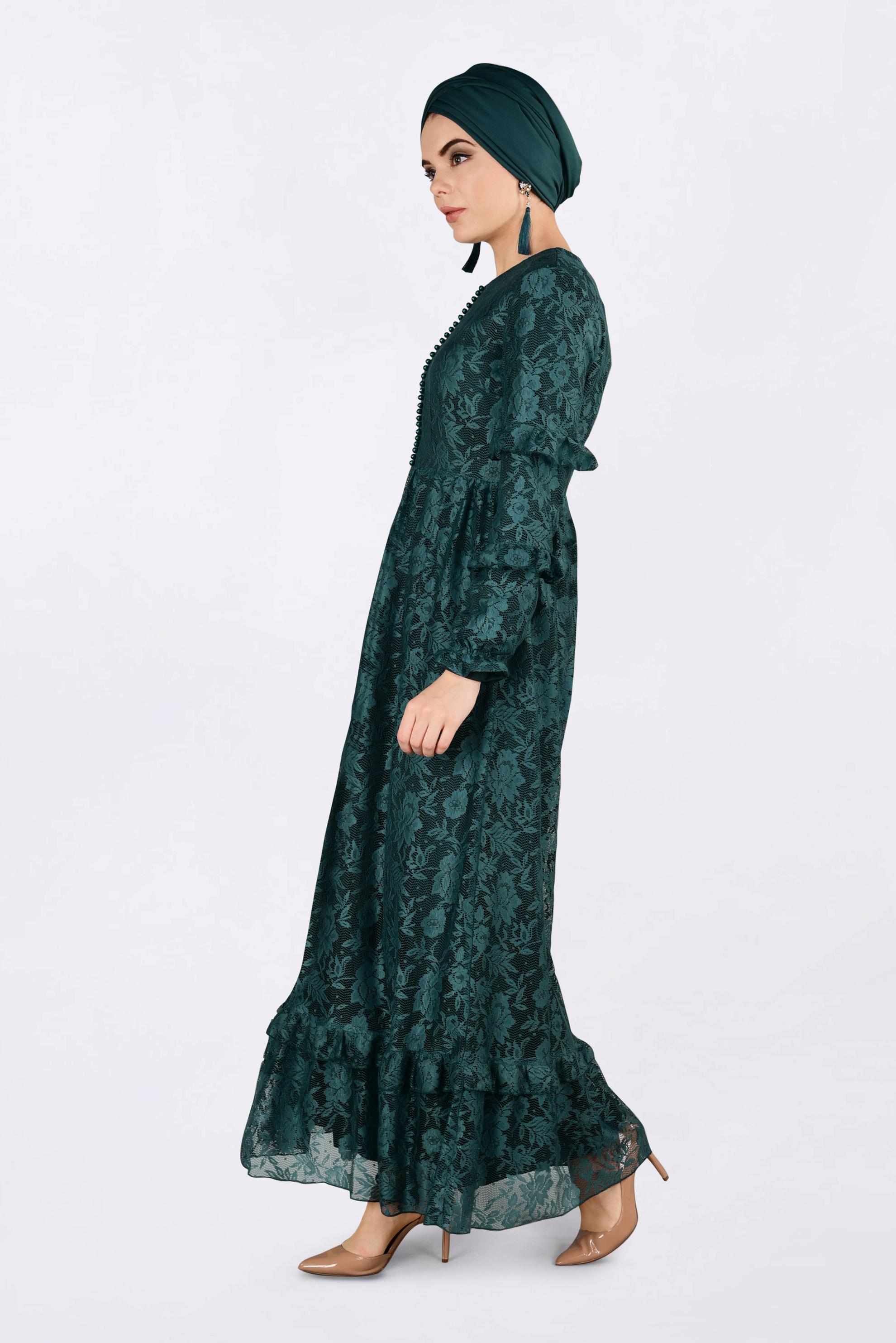 Tesettür giyim YEŞİL ETEK UCU VOLANLI DANTELLİ ELBİSE 4356