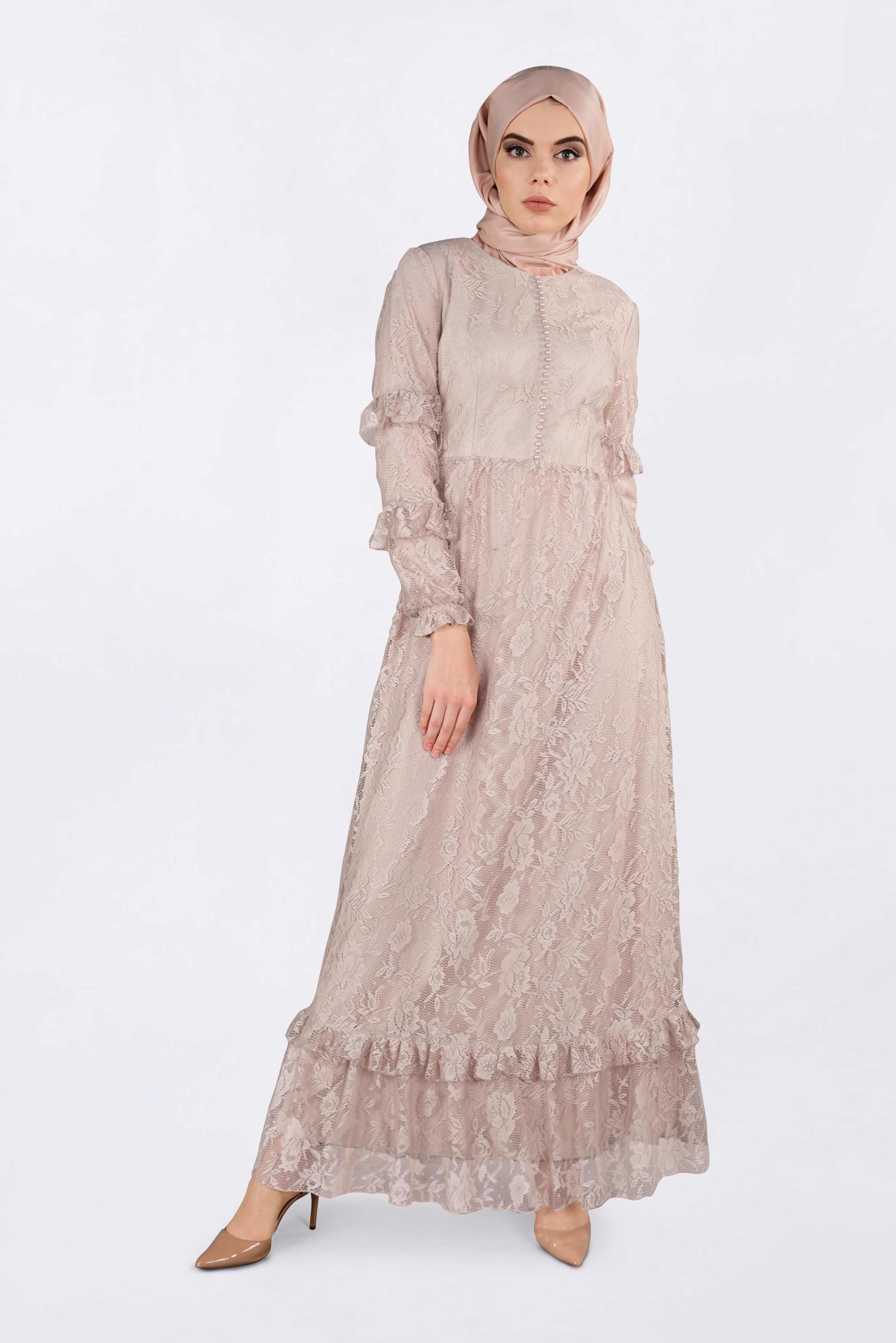 Tesettür giyim BEJ ETEK UCU VOLANLI DANTELLİ ELBİSE 4356