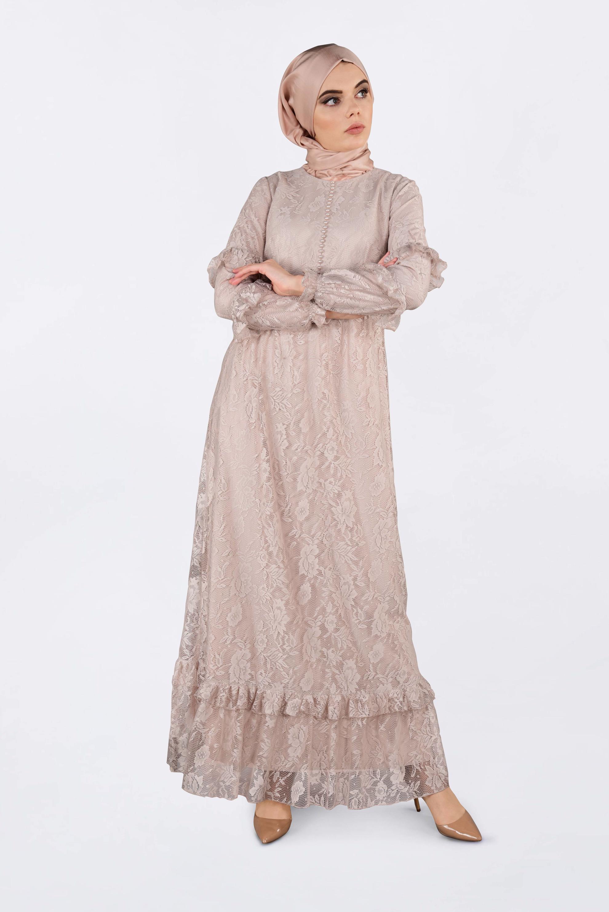 Tesettür giyim BEJ ETEK UCU VOLANLI DANTELLİ ELBİSE 4356