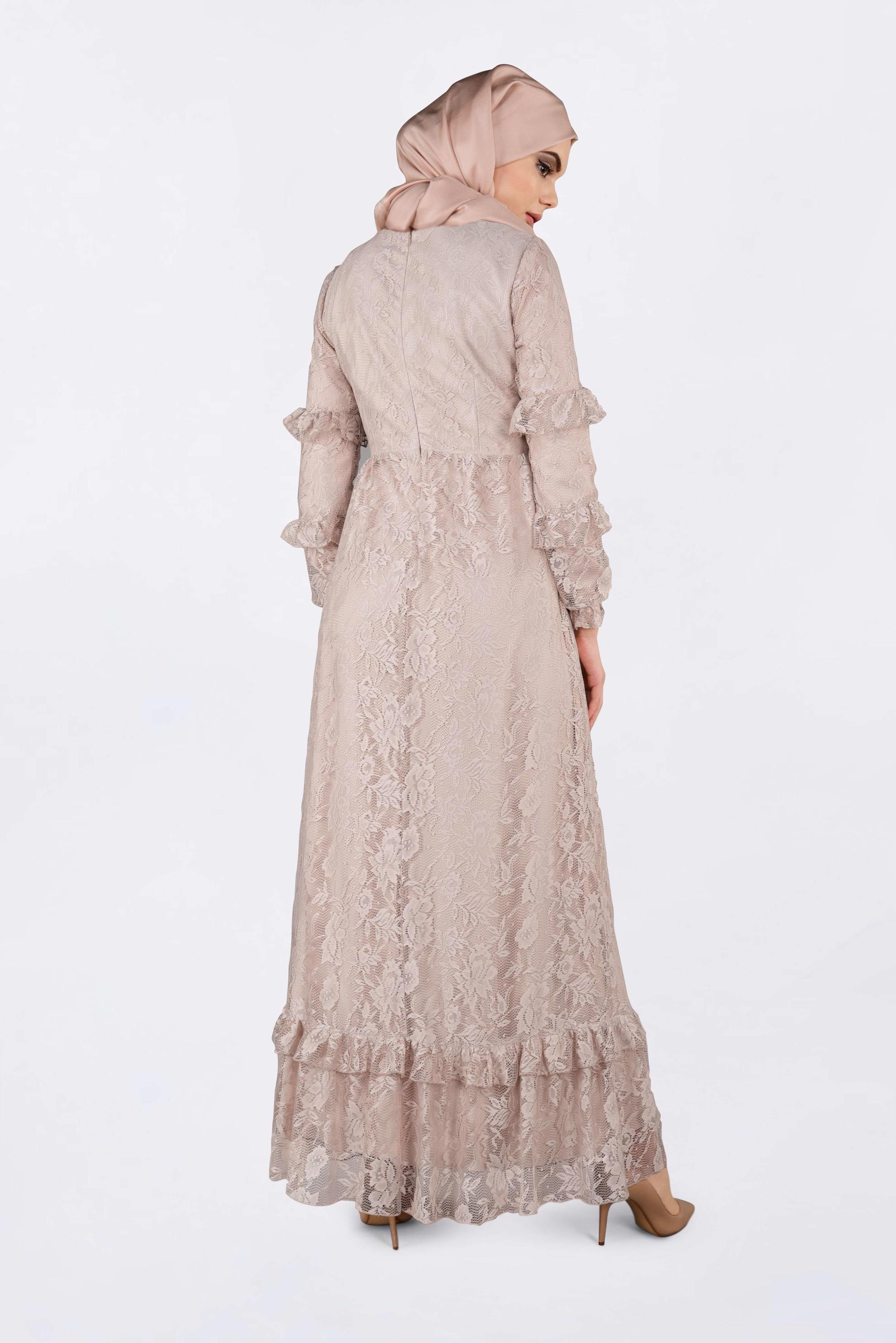 Tesettür giyim BEJ ETEK UCU VOLANLI DANTELLİ ELBİSE 4356