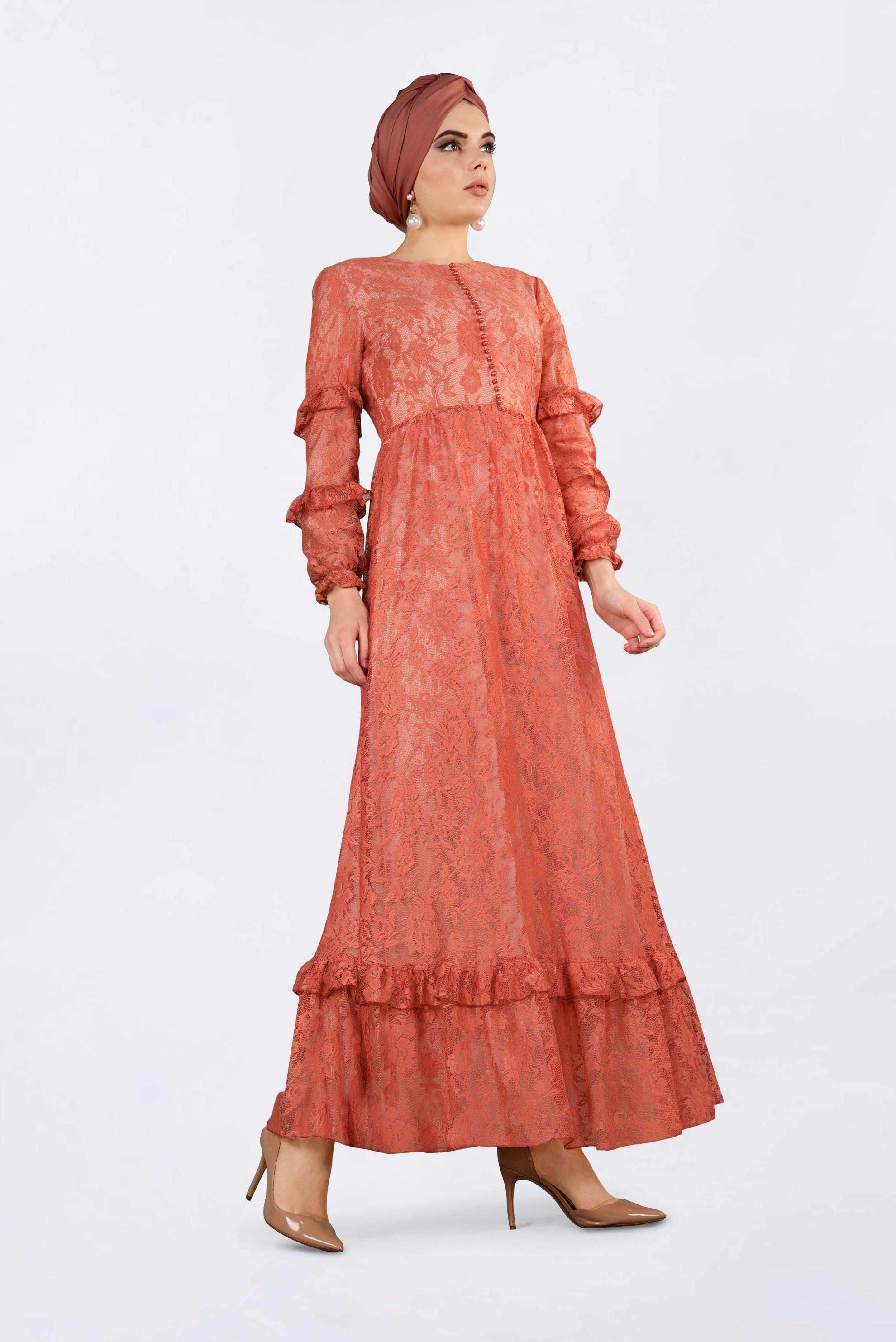 Tesettür giyim TURUNCU ETEK UCU VOLANLI DANTELLİ ELBİSE 4356