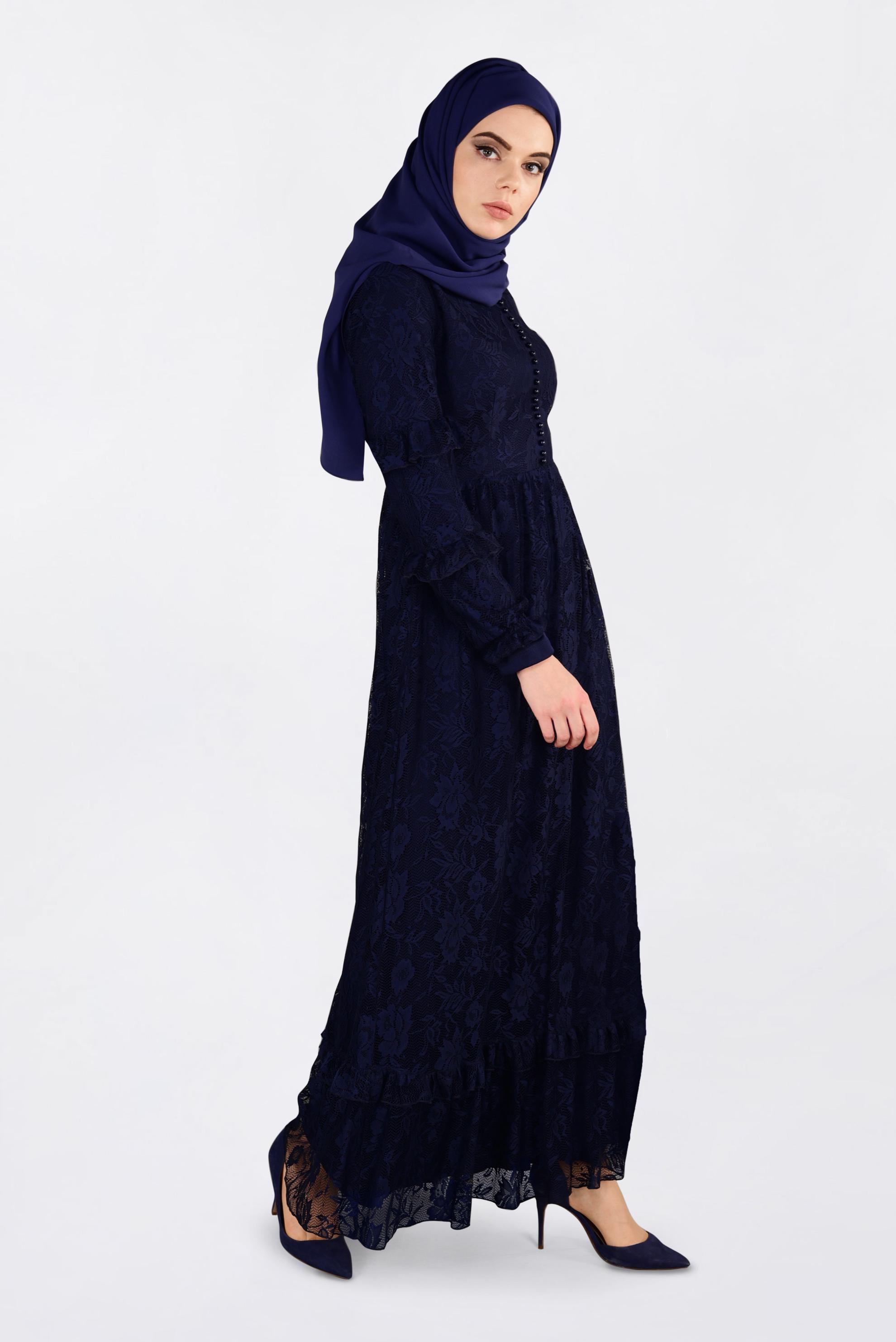 Tesettür giyim LACİVERT ETEK UCU VOLANLI DANTELLİ ELBİSE 4356