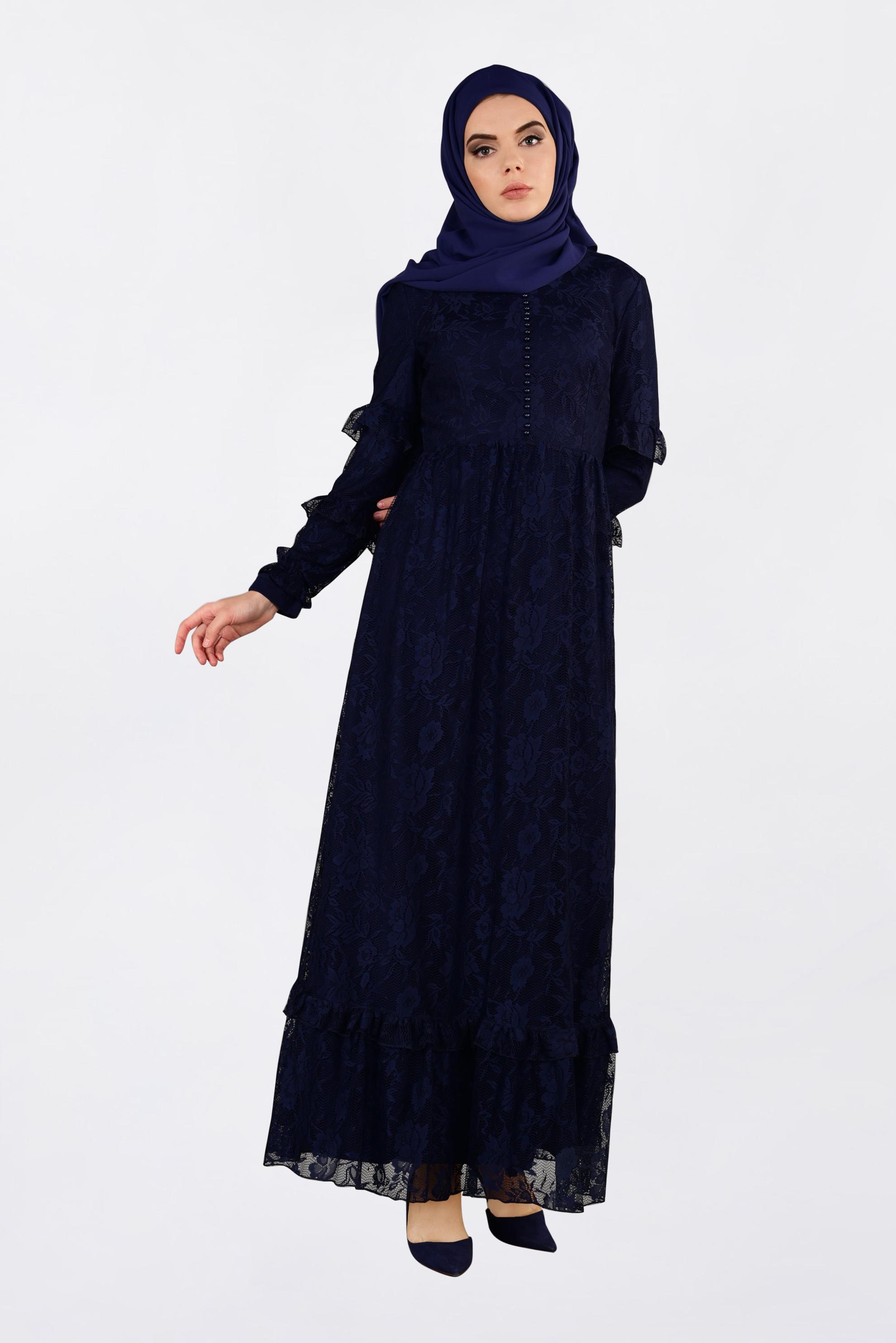 Tesettür giyim LACİVERT ETEK UCU VOLANLI DANTELLİ ELBİSE 4356
