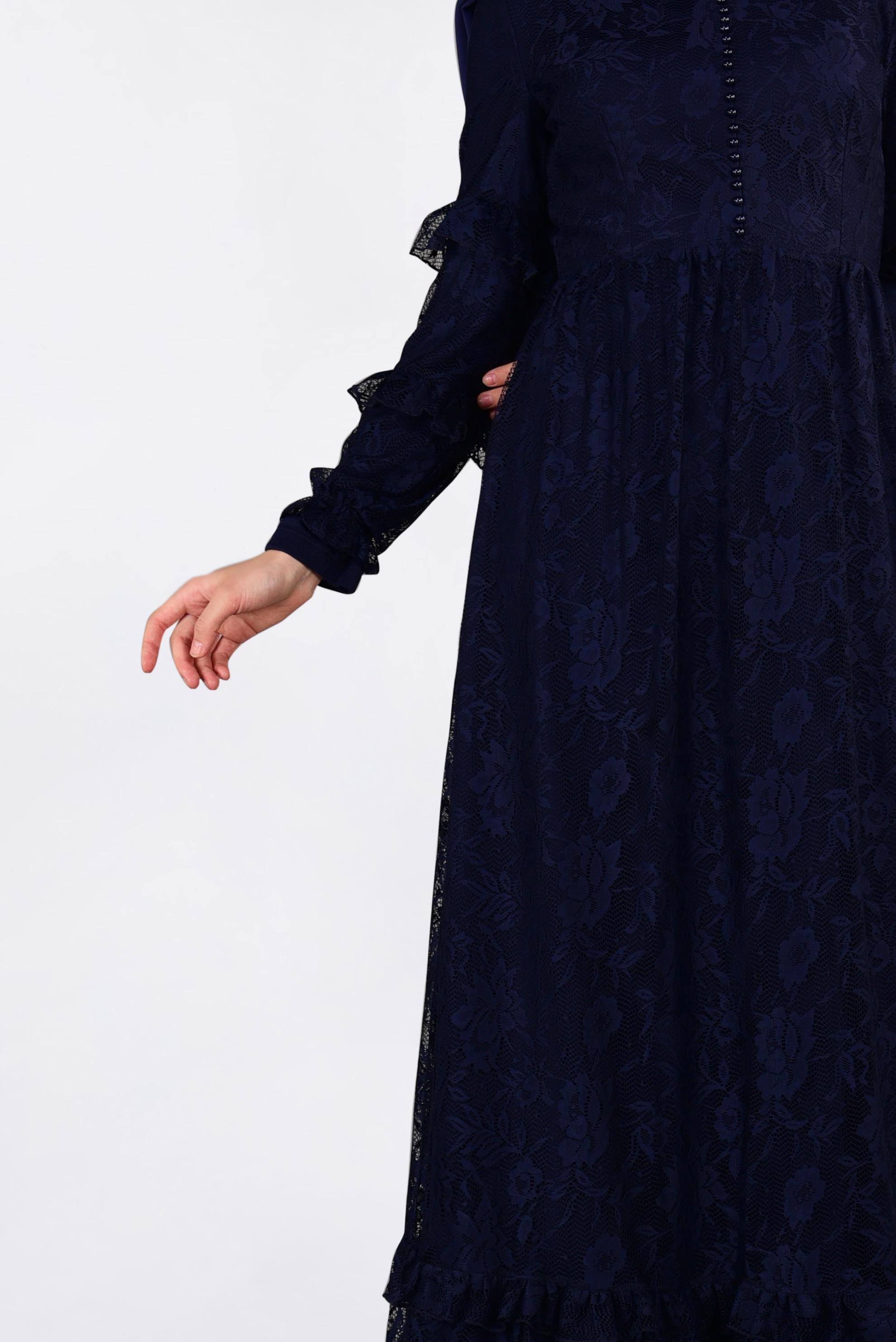 Tesettür giyim LACİVERT ETEK UCU VOLANLI DANTELLİ ELBİSE 4356