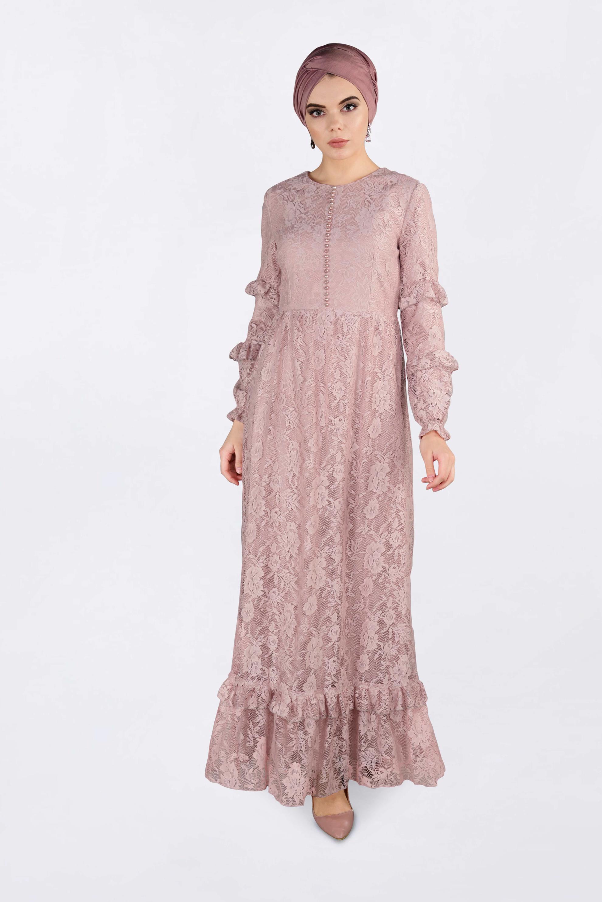 Tesettür giyim PUDRA ETEK UCU VOLANLI DANTELLİ ELBİSE 4356