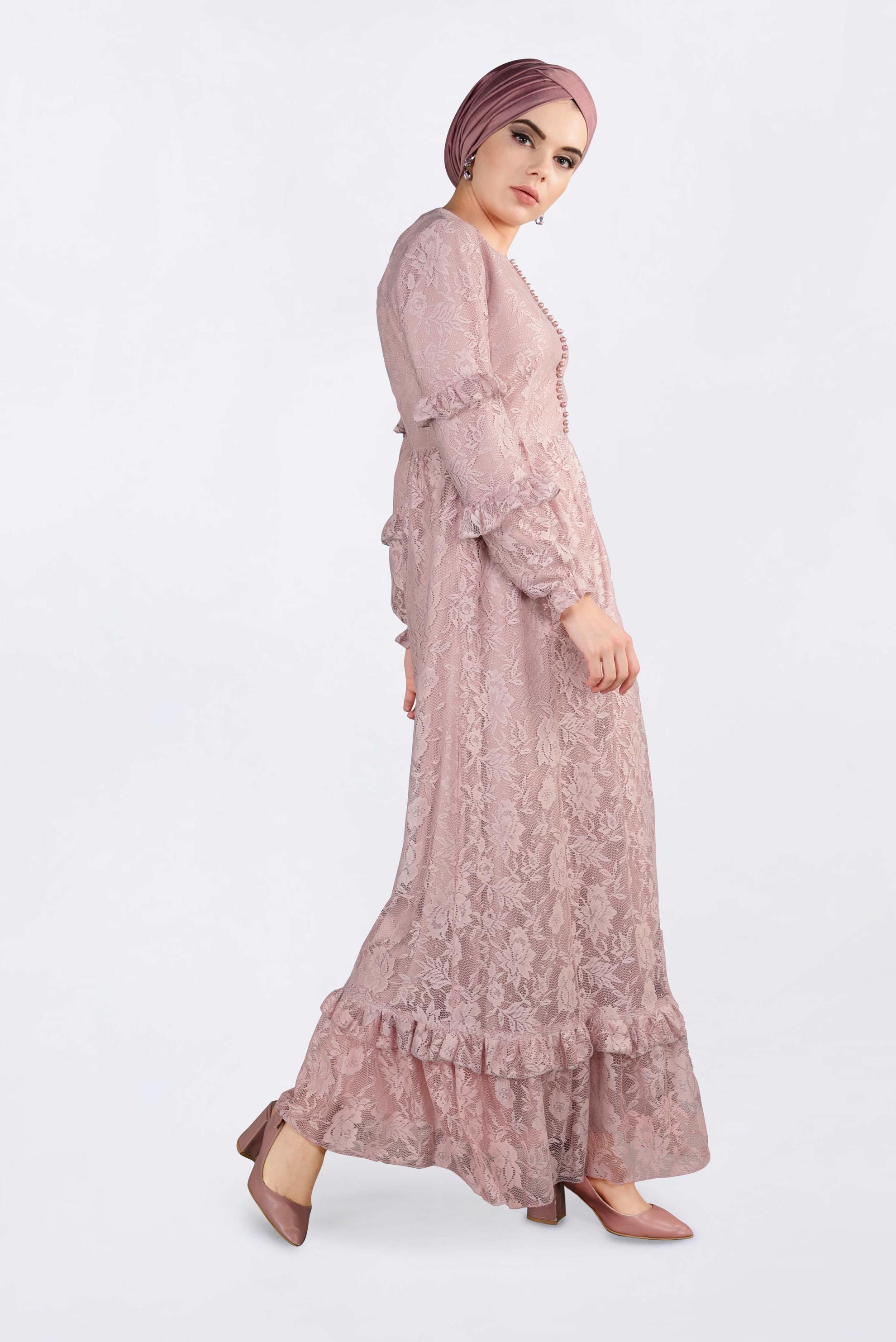 Tesettür giyim PUDRA ETEK UCU VOLANLI DANTELLİ ELBİSE 4356