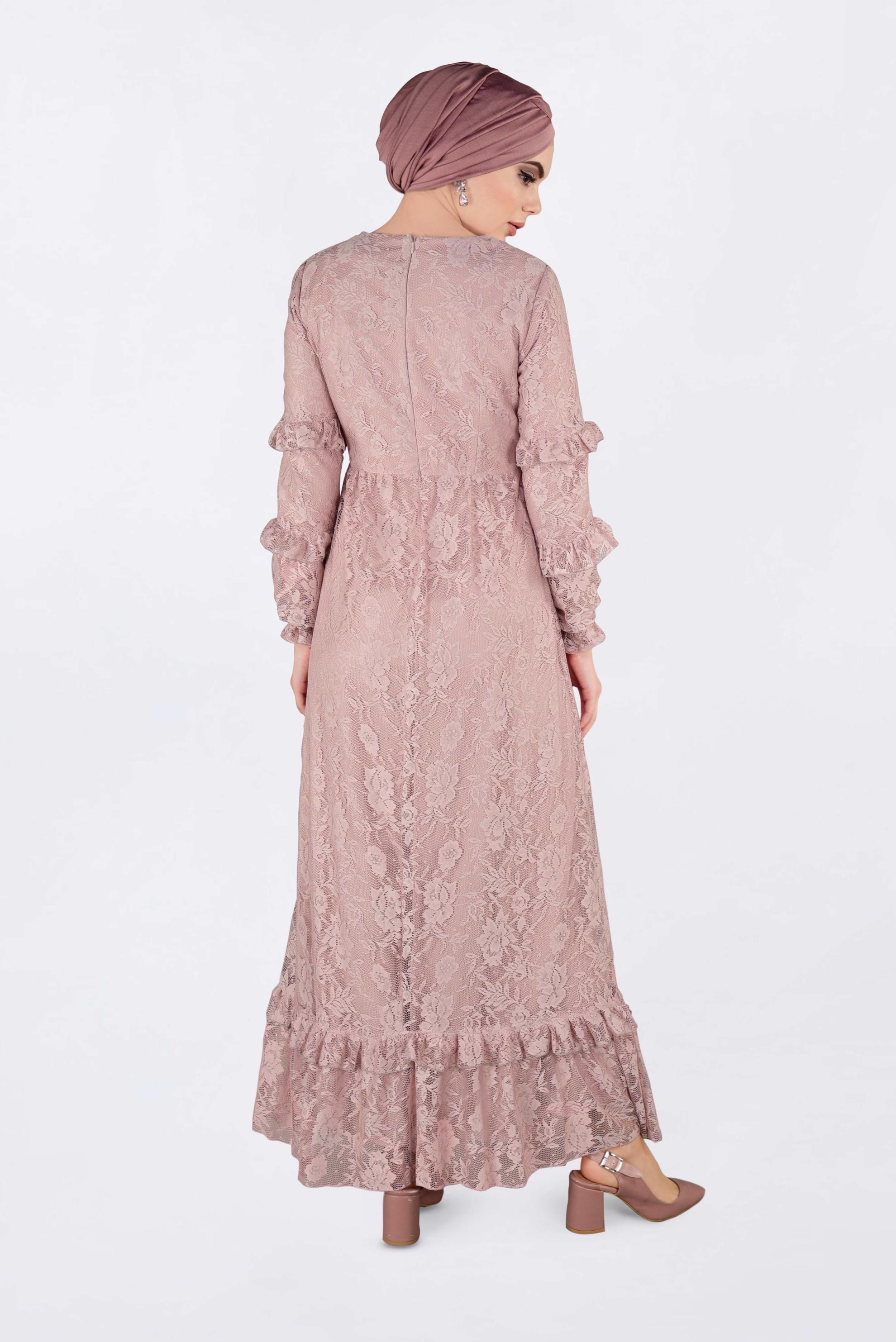 Tesettür giyim PUDRA ETEK UCU VOLANLI DANTELLİ ELBİSE 4356