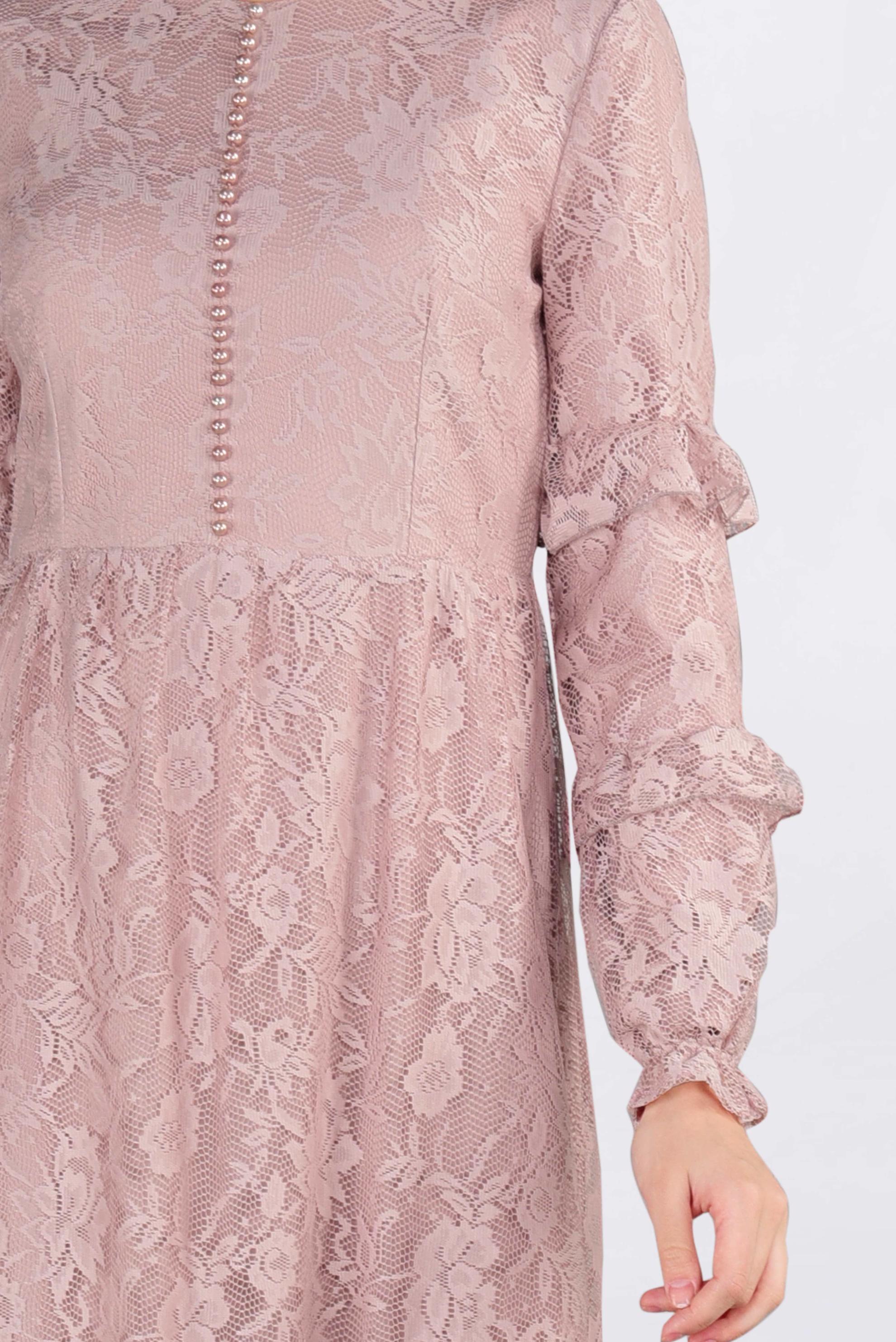 Tesettür giyim PUDRA ETEK UCU VOLANLI DANTELLİ ELBİSE 4356