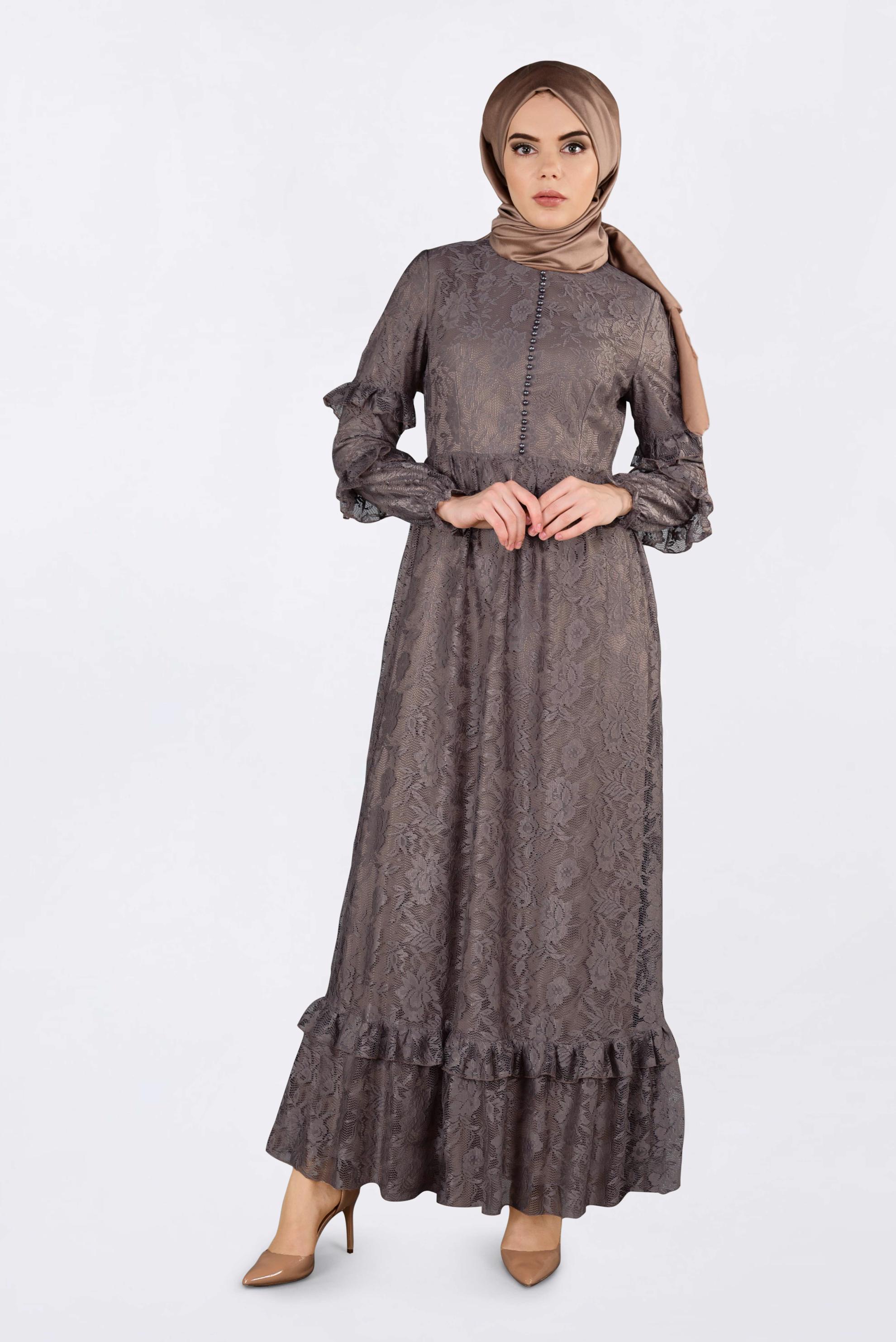 Tesettür giyim VİZON ETEK UCU VOLANLI DANTELLİ ELBİSE 4356