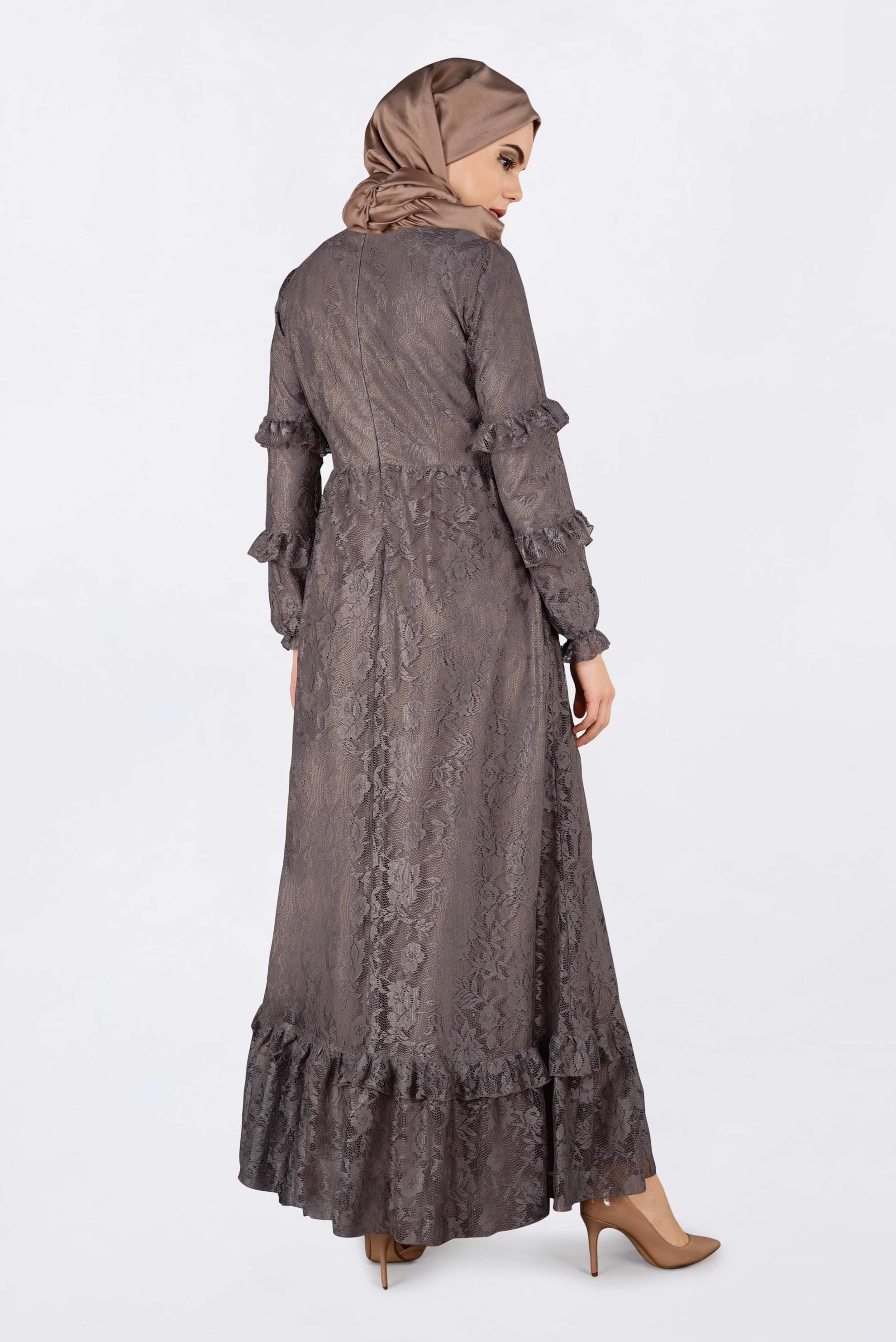 Tesettür giyim VİZON ETEK UCU VOLANLI DANTELLİ ELBİSE 4356
