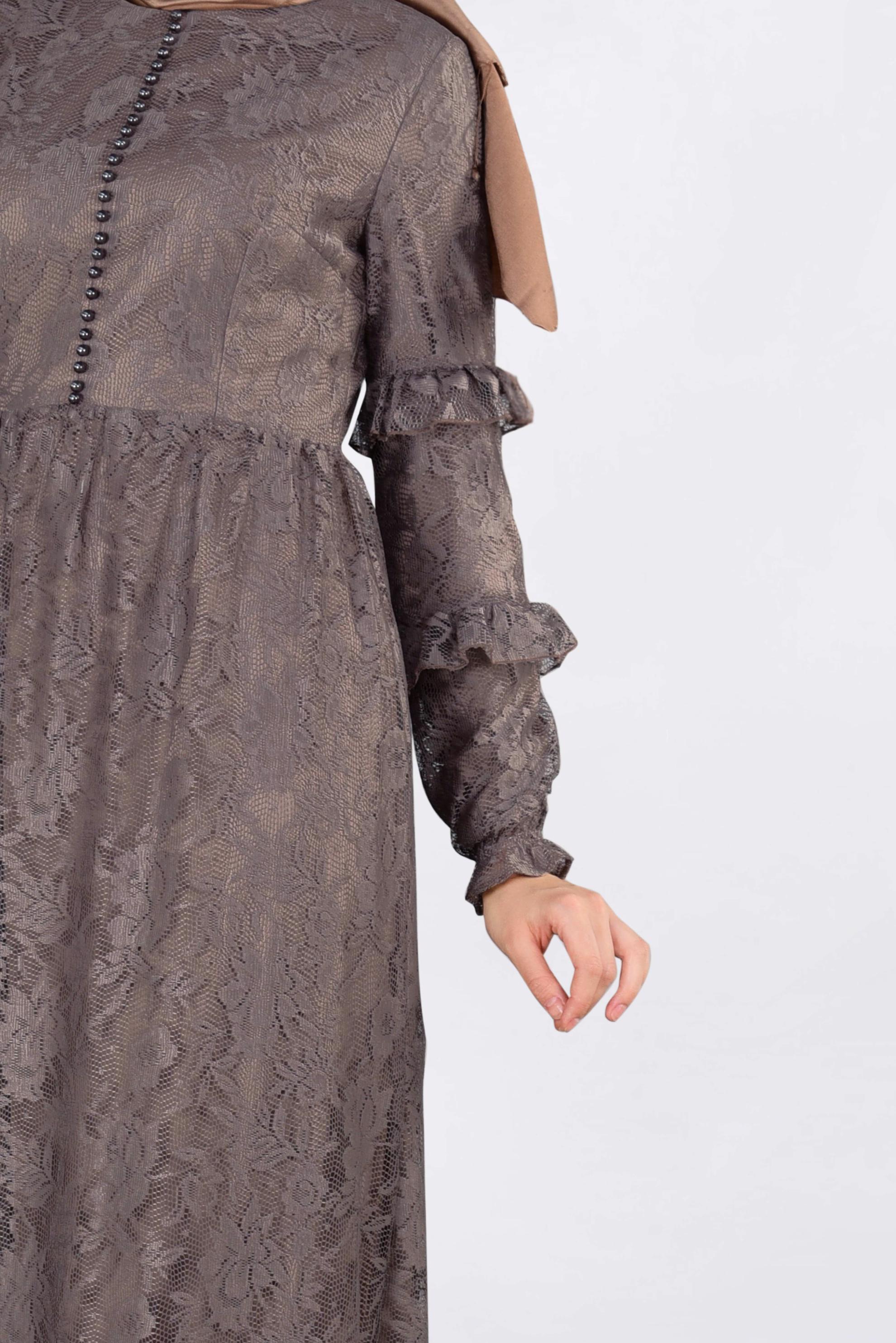 Tesettür giyim VİZON ETEK UCU VOLANLI DANTELLİ ELBİSE 4356