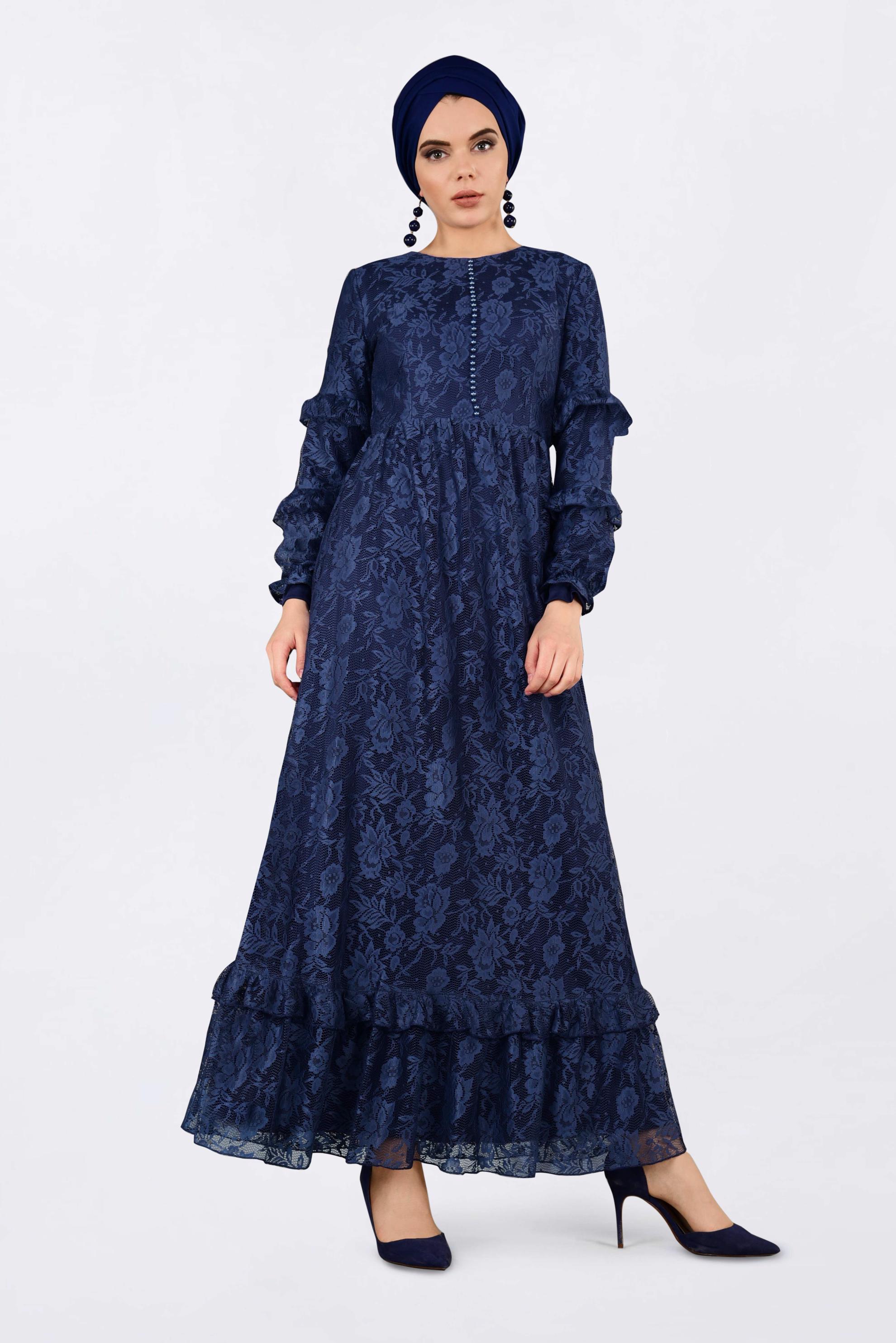 Tesettür giyim LACİVERT ETEK UCU VOLANLI DANTELLİ ELBİSE 4356