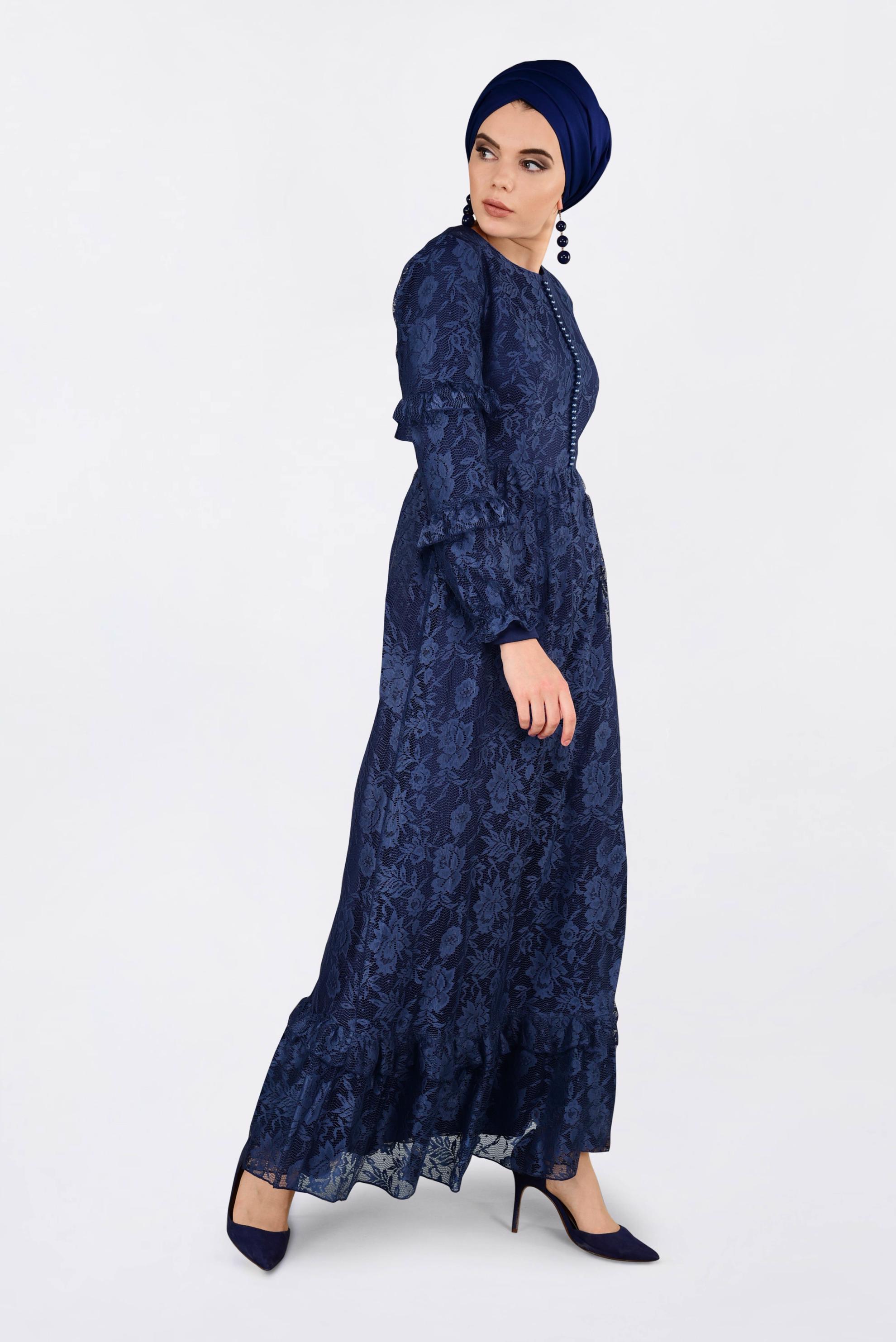 Tesettür giyim LACİVERT ETEK UCU VOLANLI DANTELLİ ELBİSE 4356