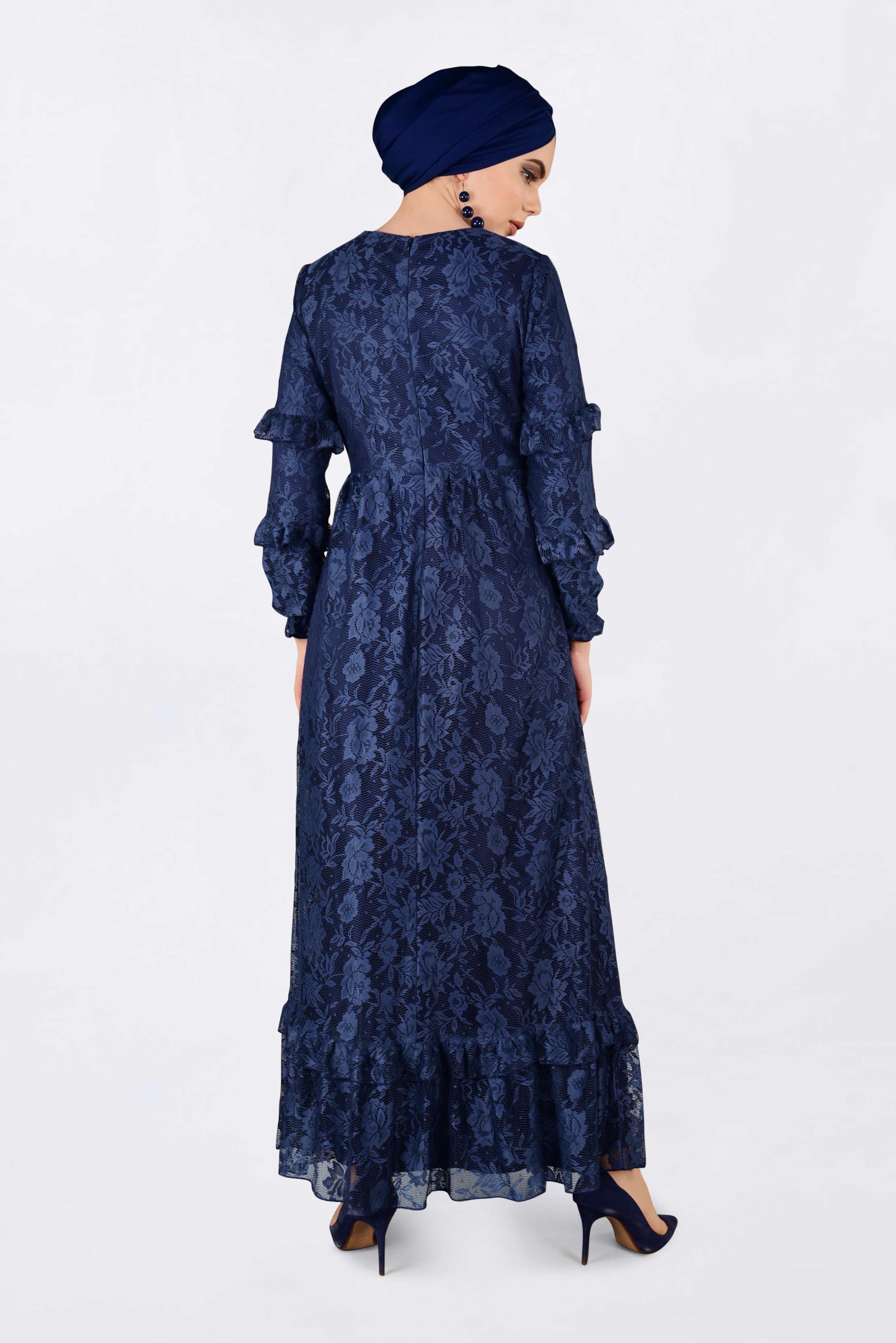 Tesettür giyim LACİVERT ETEK UCU VOLANLI DANTELLİ ELBİSE 4356