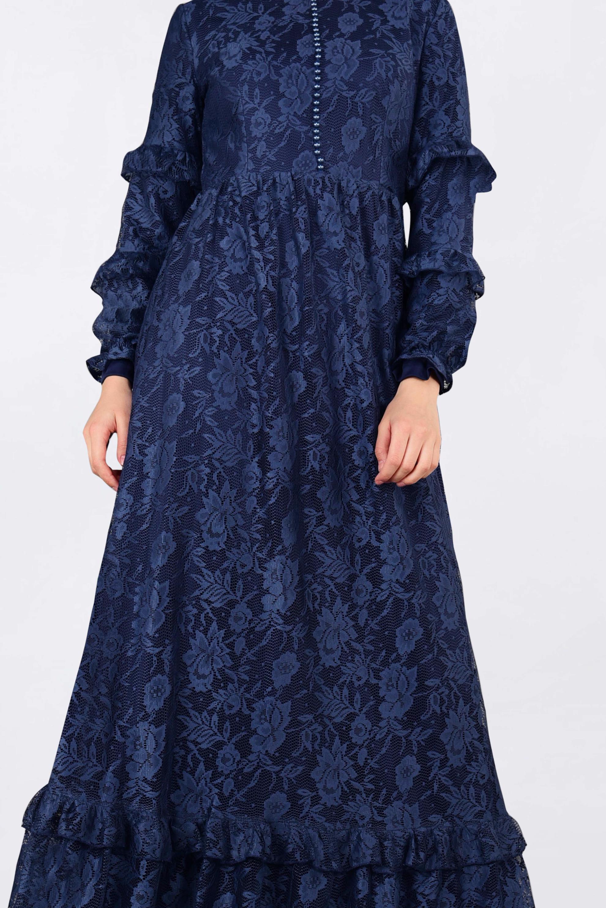 Tesettür giyim LACİVERT ETEK UCU VOLANLI DANTELLİ ELBİSE 4356