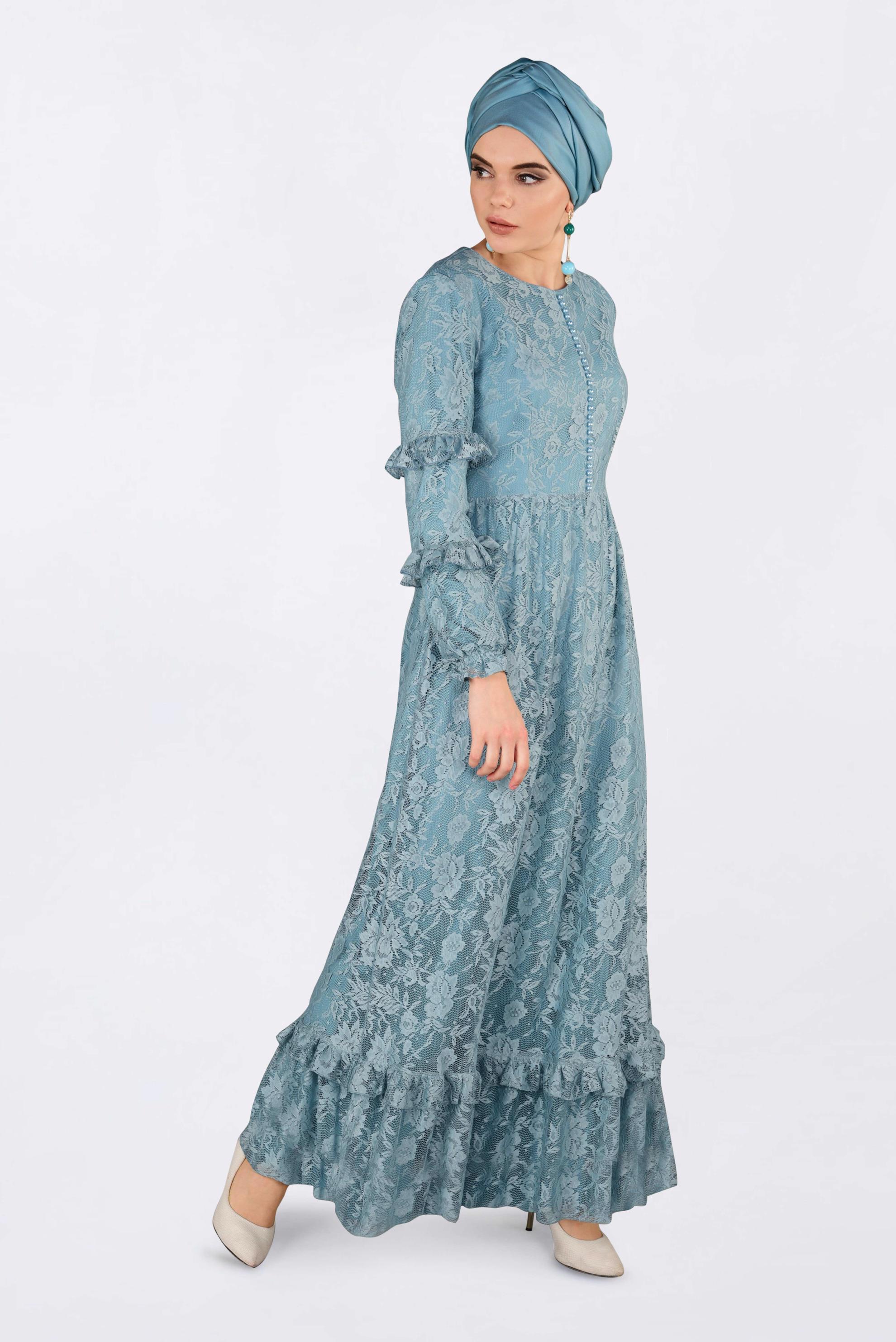 Tesettür giyim MAVİ ETEK UCU VOLANLI DANTELLİ ELBİSE 4356