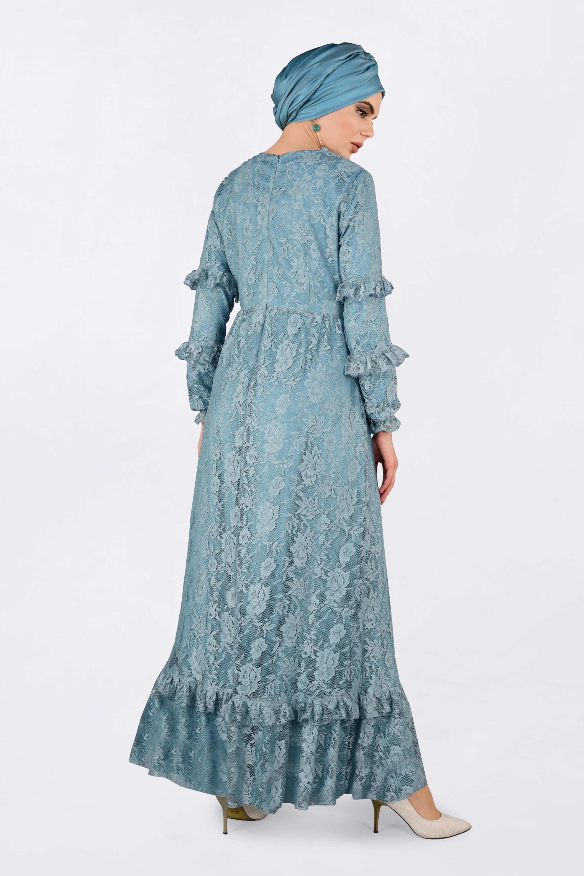 Tesettür giyim MAVİ ETEK UCU VOLANLI DANTELLİ ELBİSE 4356