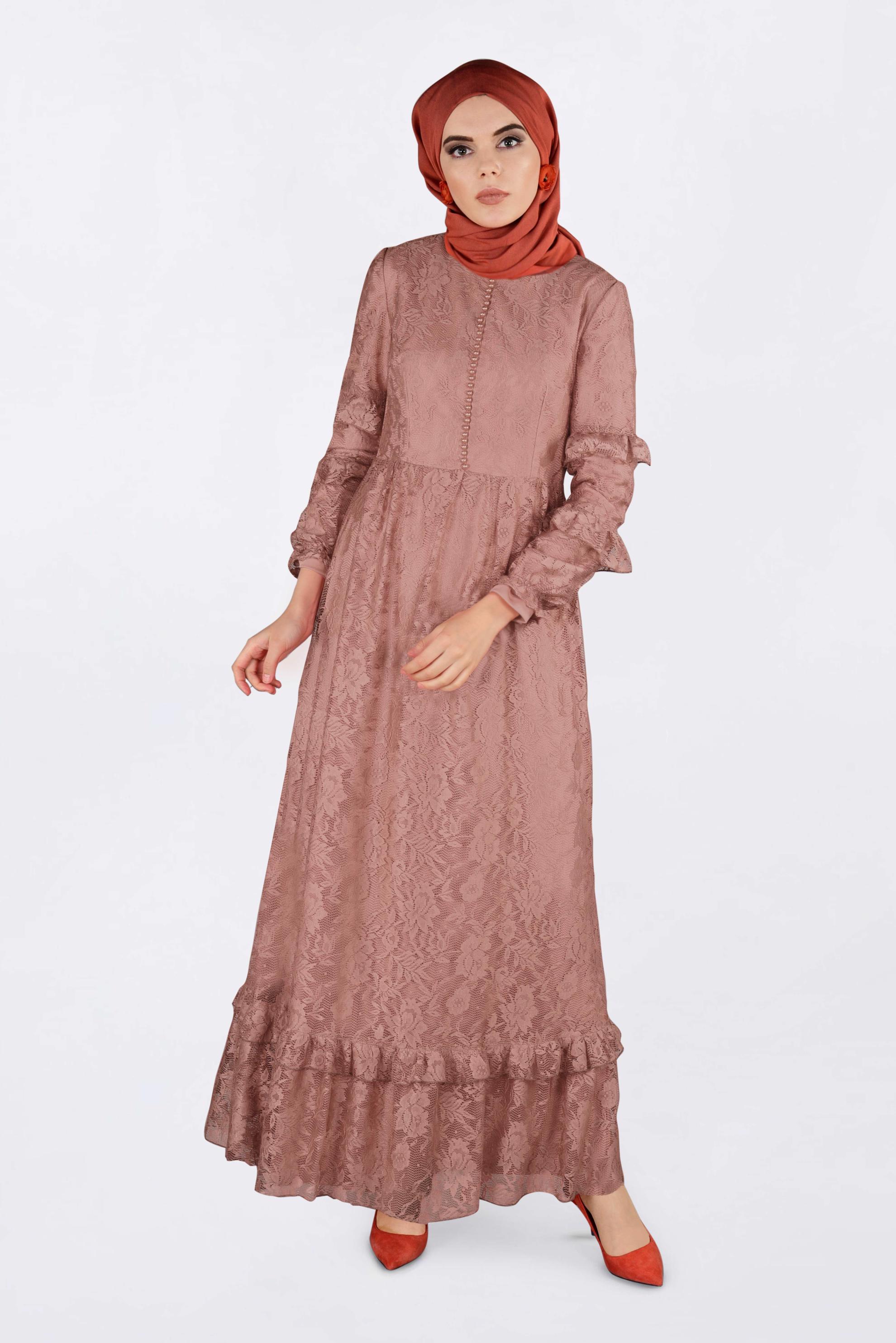 Tesettür giyim KAHVE ETEK UCU VOLANLI DANTELLİ ELBİSE 4356