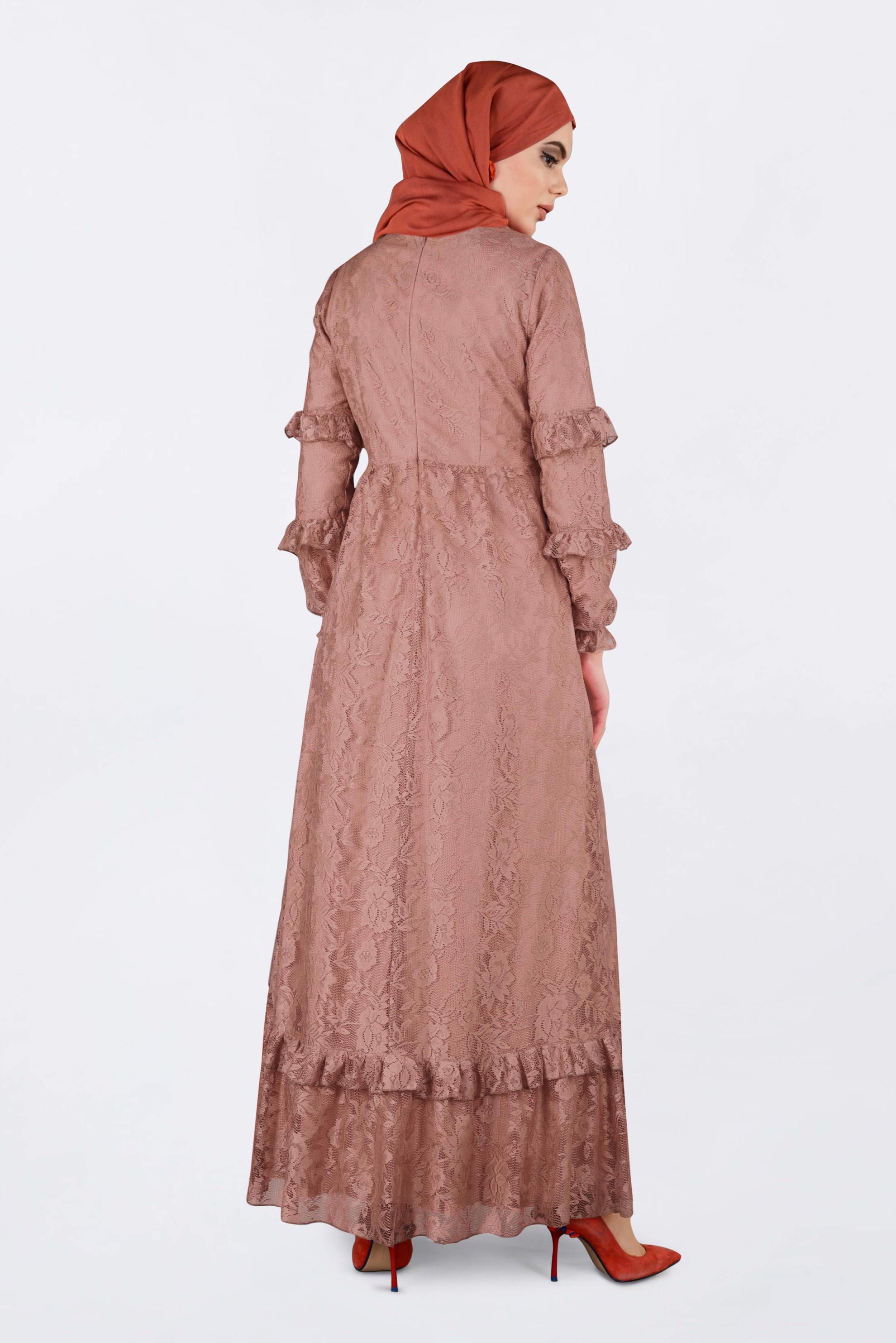 Tesettür giyim KAHVE ETEK UCU VOLANLI DANTELLİ ELBİSE 4356
