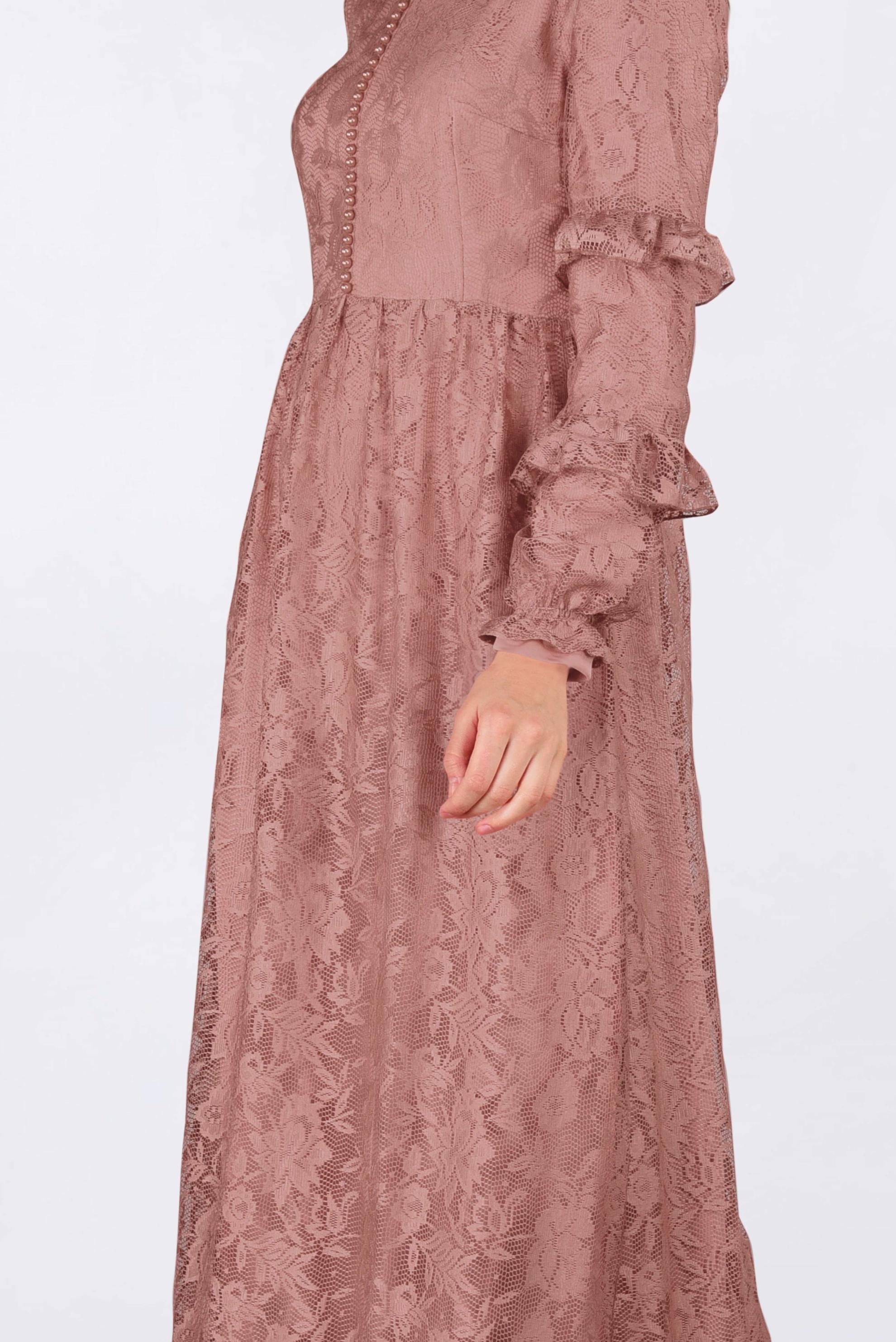 Tesettür giyim KAHVE ETEK UCU VOLANLI DANTELLİ ELBİSE 4356