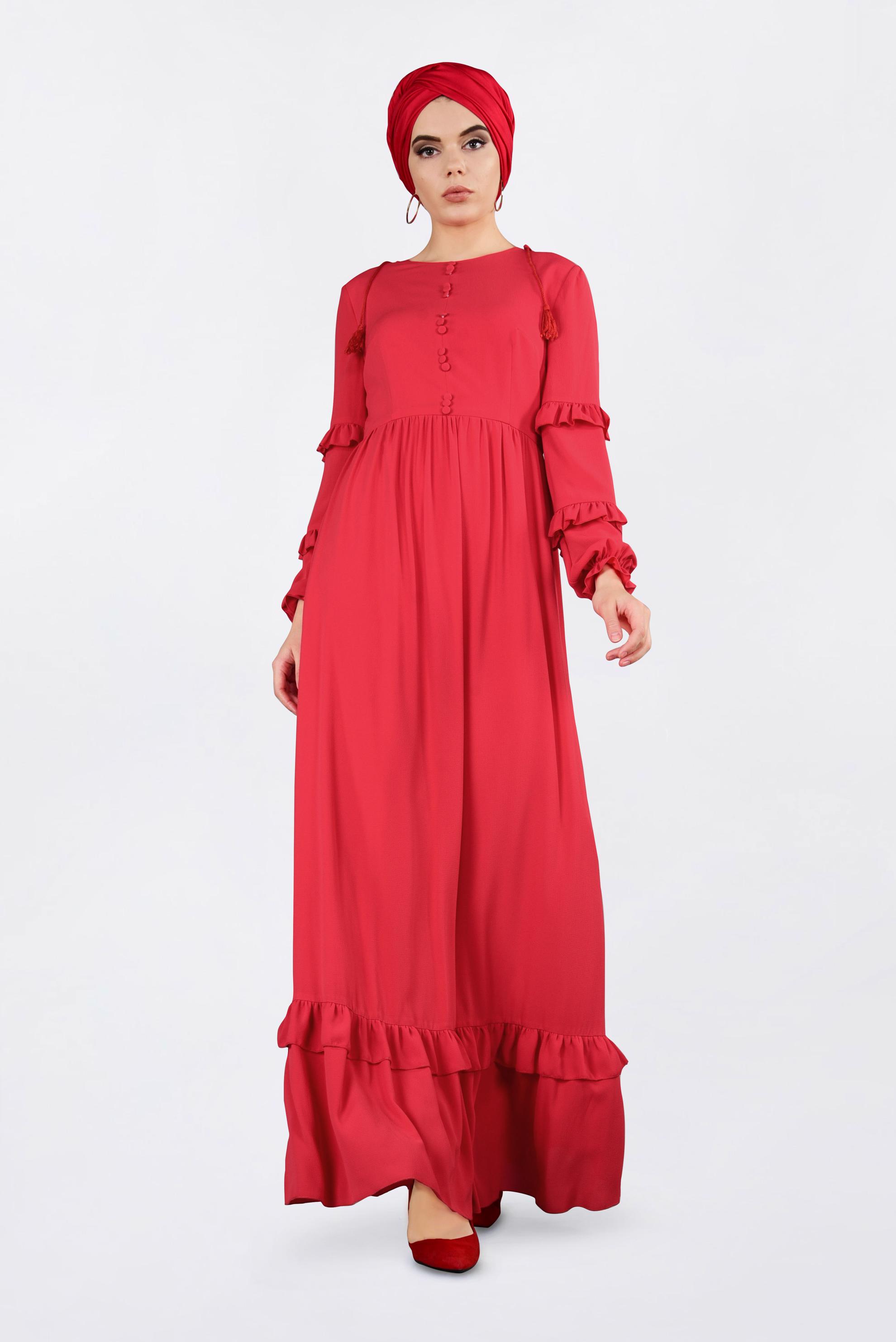Tesettür giyim KIRMIZI DÜĞME DETAYLI FIRFIRLI ELBİSE 4357 