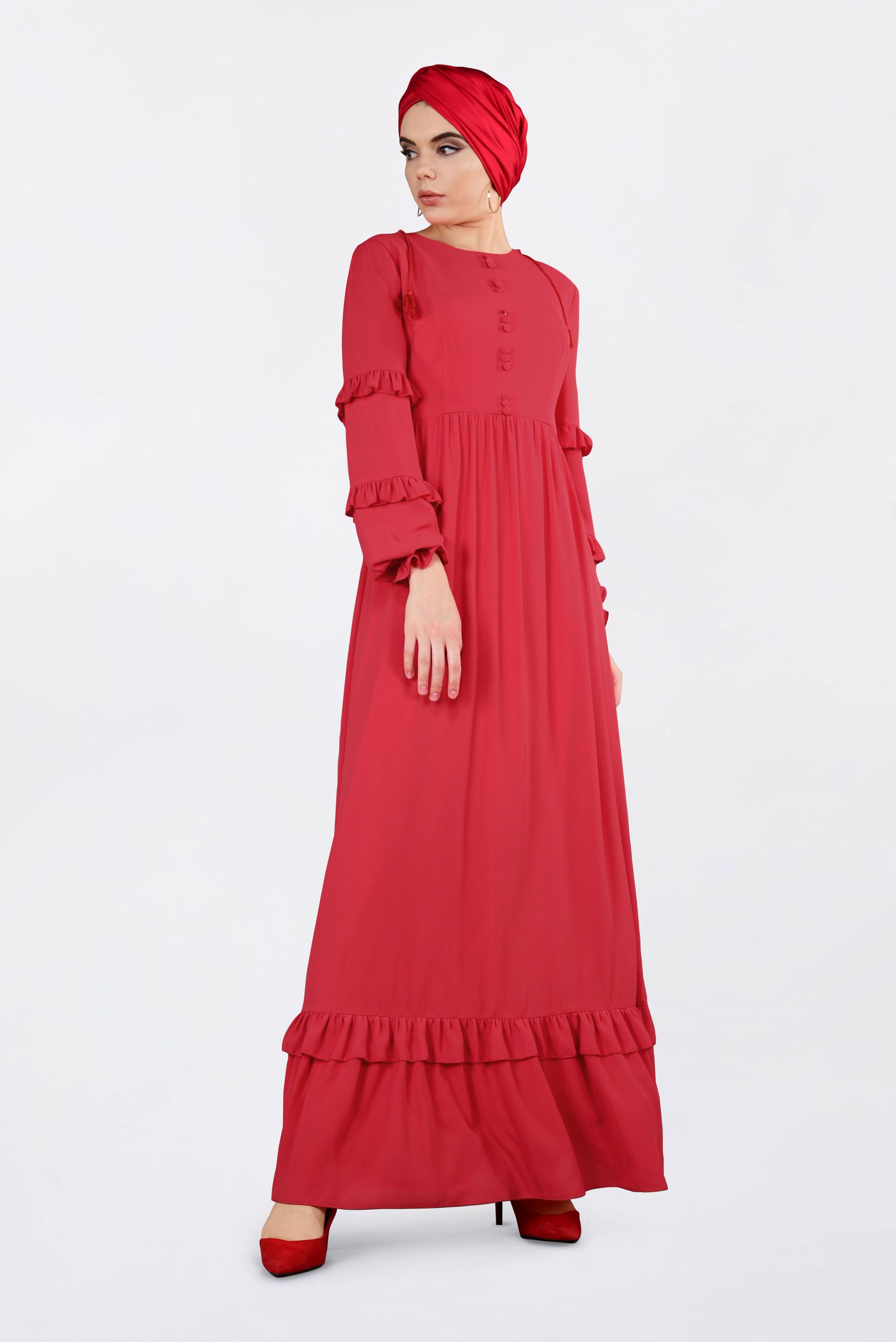 Tesettür giyim KIRMIZI DÜĞME DETAYLI FIRFIRLI ELBİSE 4357 