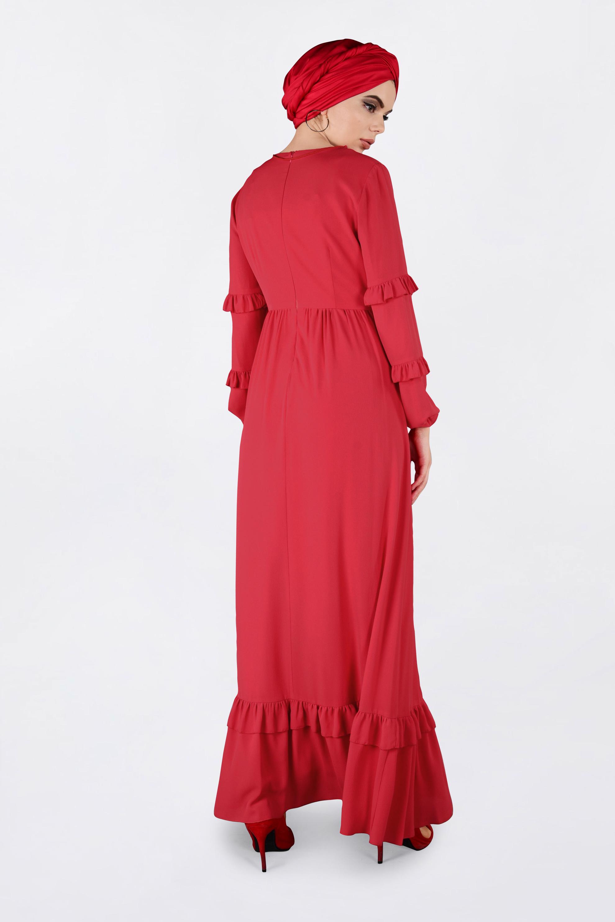 Tesettür giyim KIRMIZI DÜĞME DETAYLI FIRFIRLI ELBİSE 4357 
