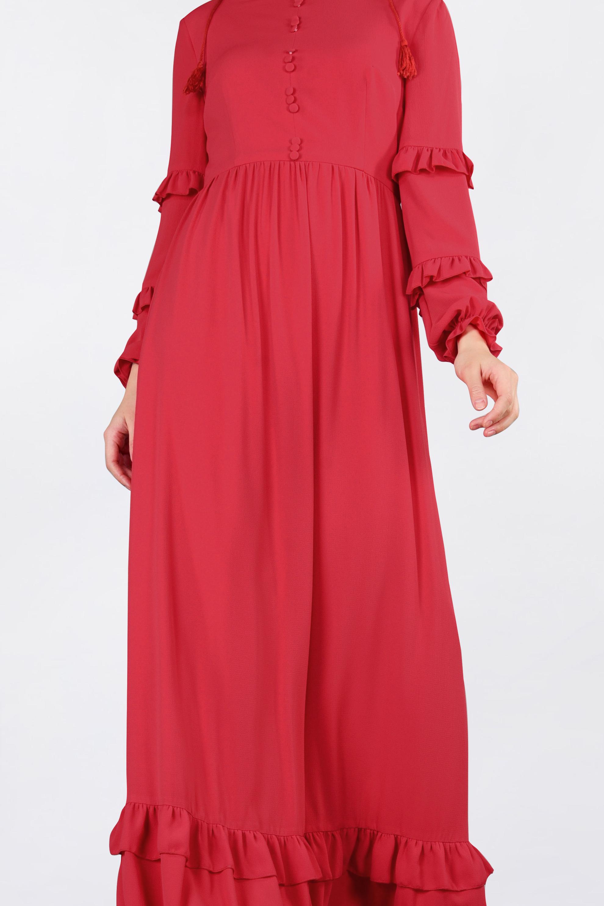 Tesettür giyim KIRMIZI DÜĞME DETAYLI FIRFIRLI ELBİSE 4357 