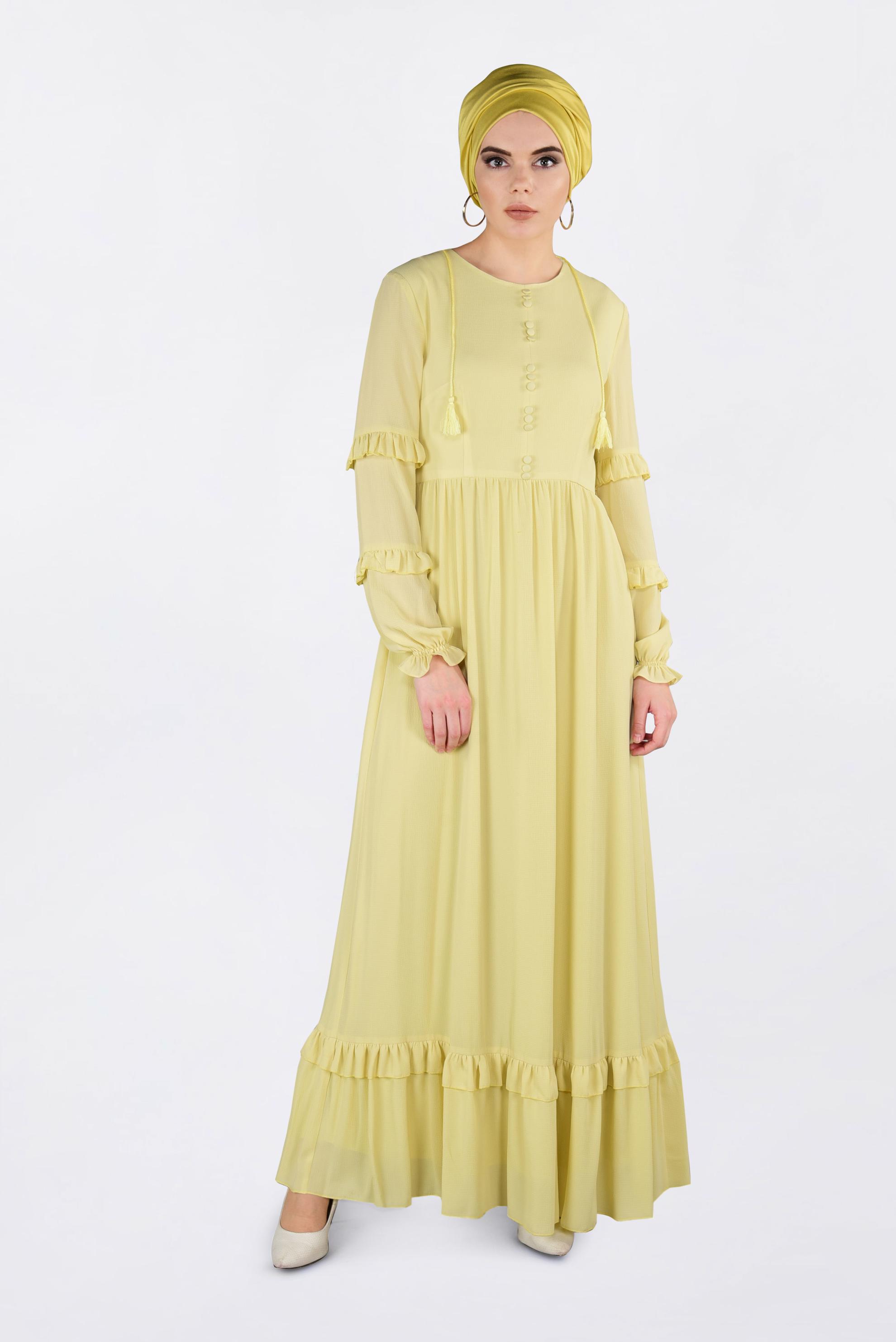 Tesettür giyim SARI DÜĞME DETAYLI FIRFIRLI ELBİSE 4357 