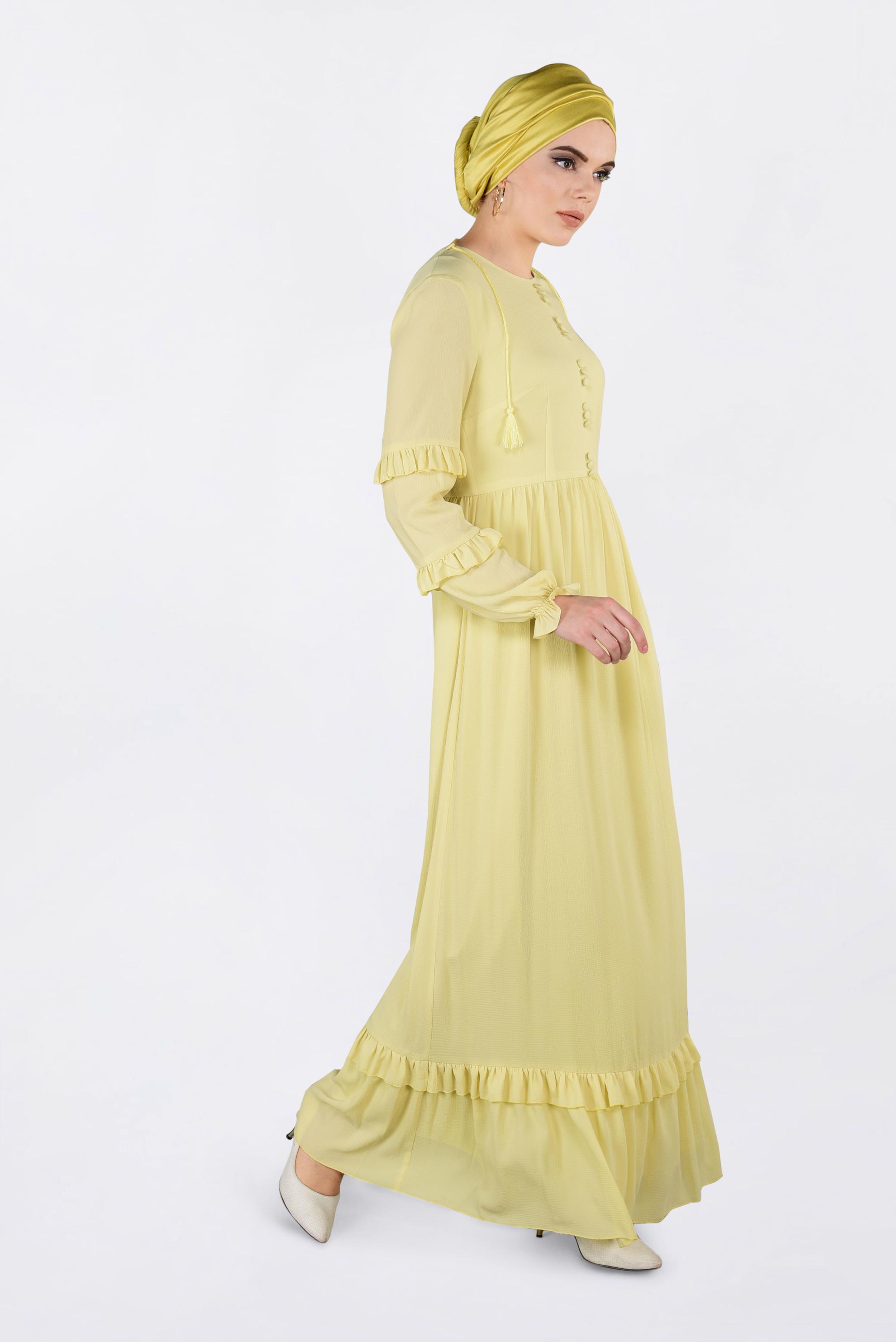Tesettür giyim SARI DÜĞME DETAYLI FIRFIRLI ELBİSE 4357 