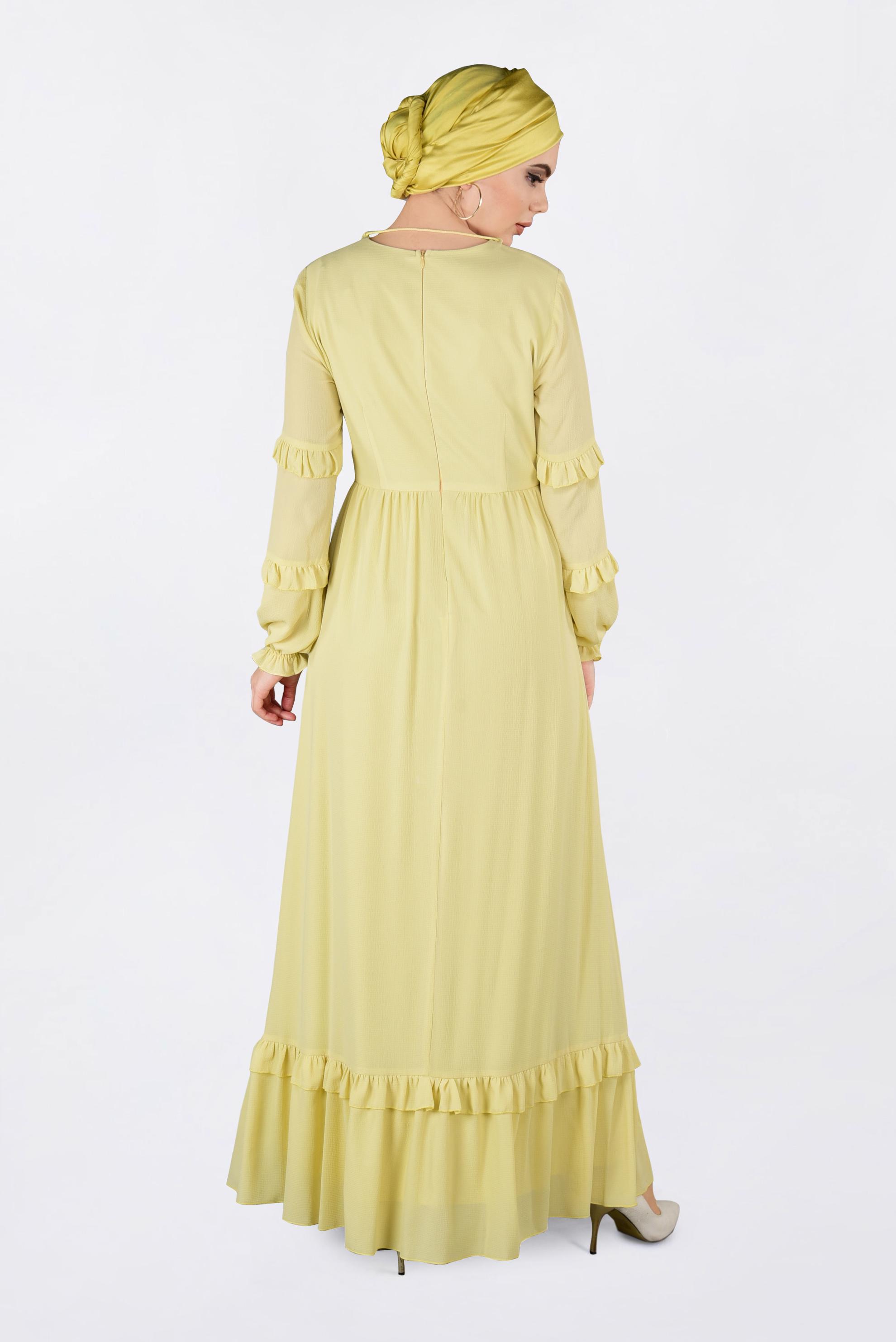 Tesettür giyim SARI DÜĞME DETAYLI FIRFIRLI ELBİSE 4357 