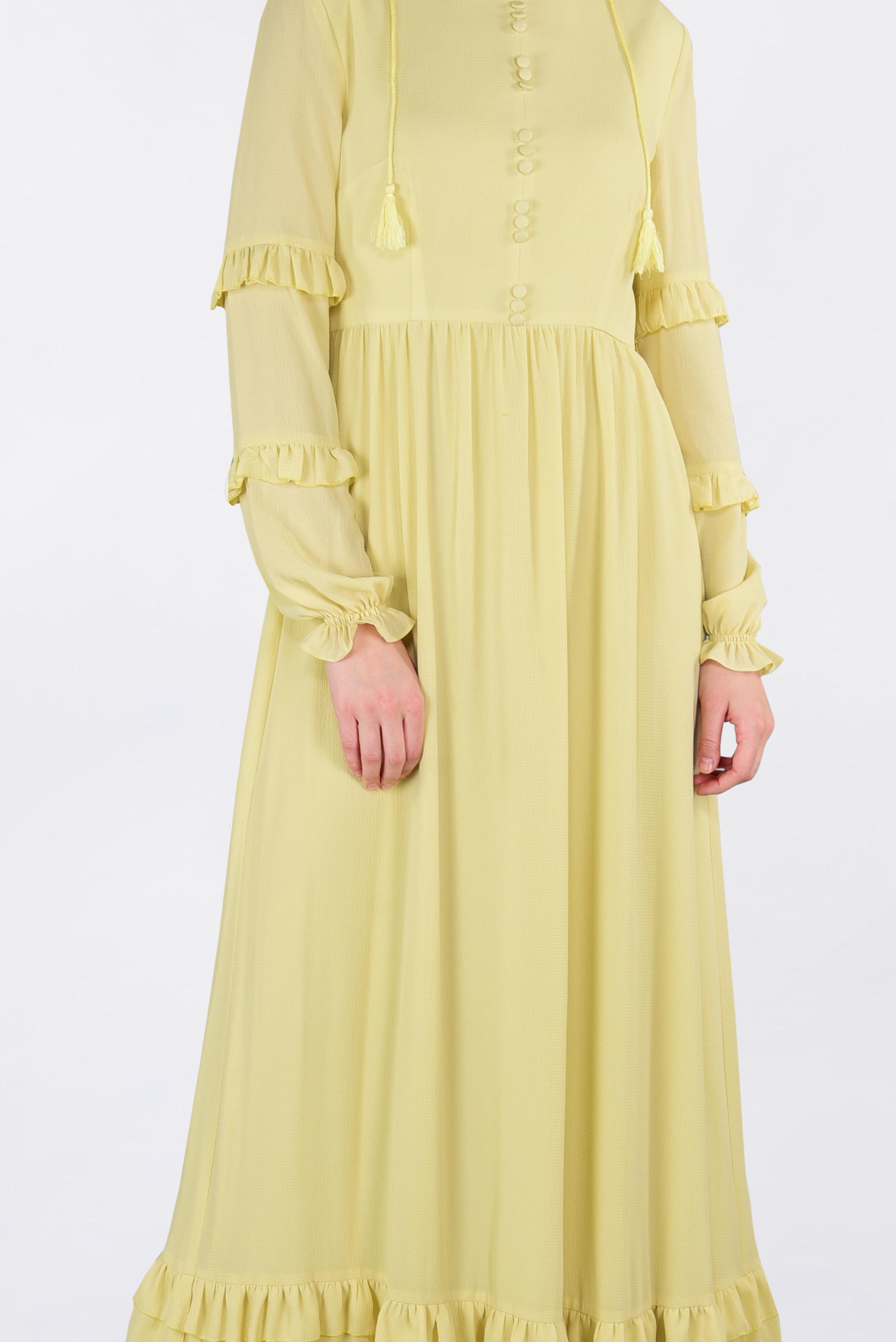 Tesettür giyim SARI DÜĞME DETAYLI FIRFIRLI ELBİSE 4357 