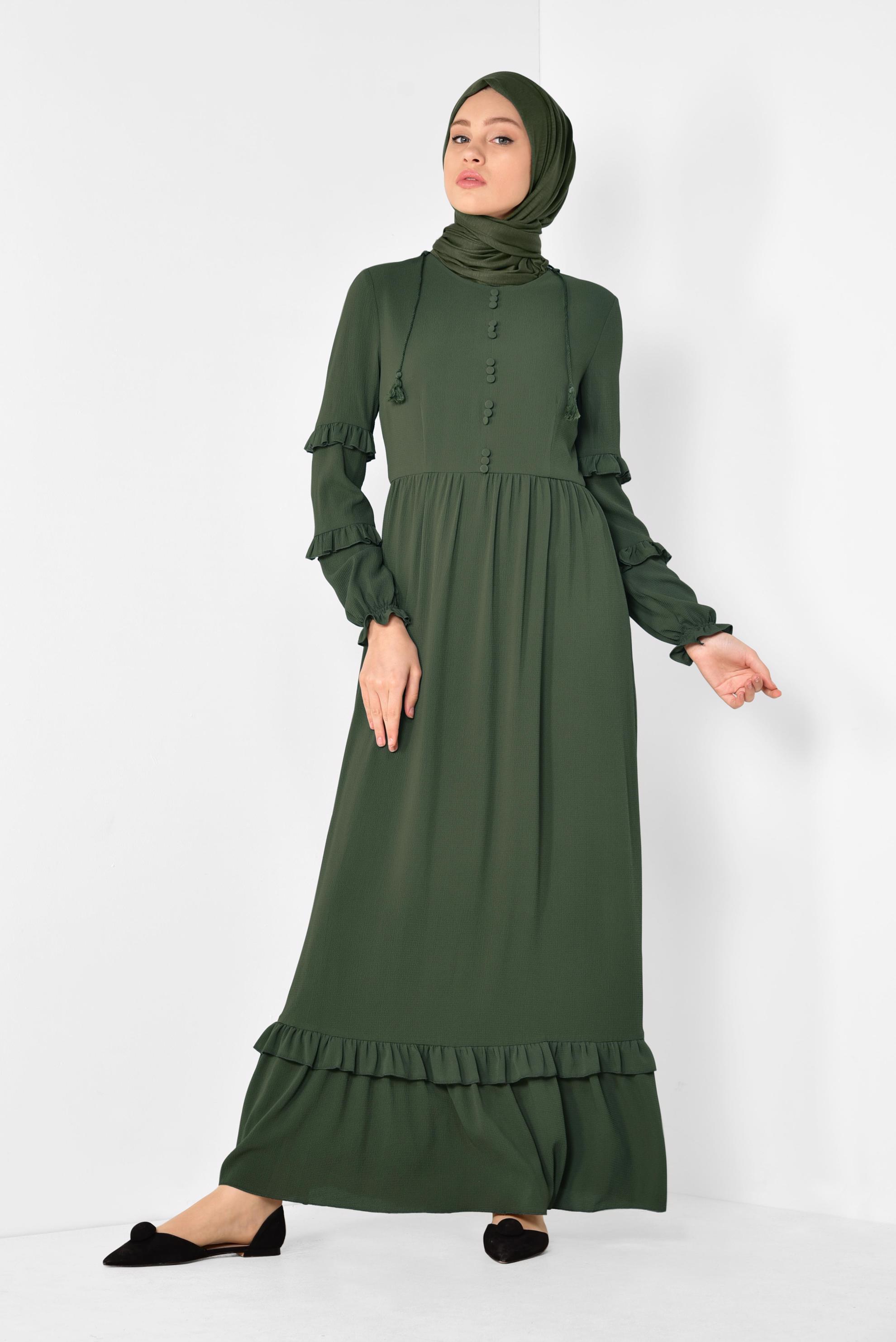 Tesettür giyim HAKİ DÜĞME DETAYLI FIRFIRLI ELBİSE 4357 
