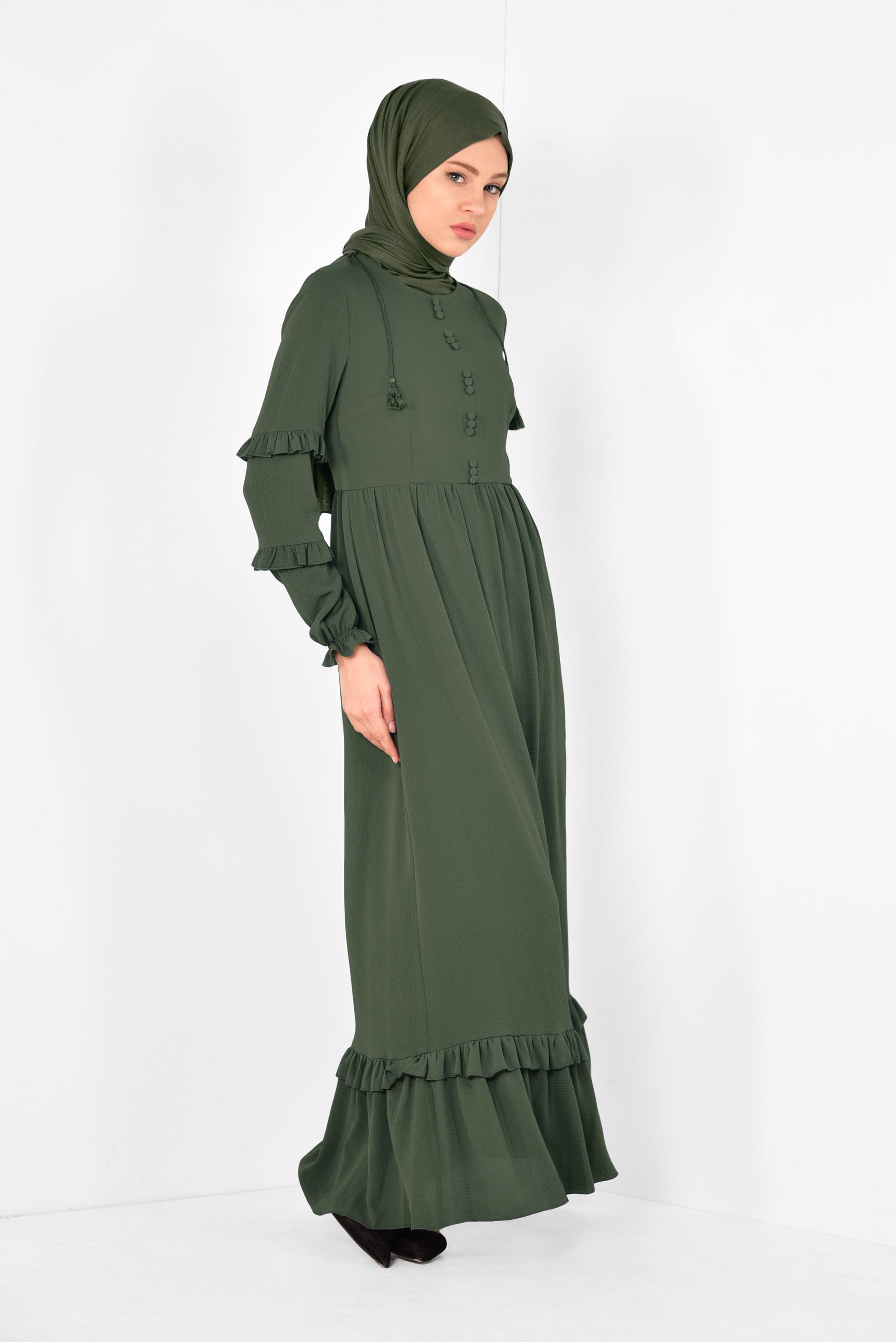 Tesettür giyim HAKİ DÜĞME DETAYLI FIRFIRLI ELBİSE 4357 