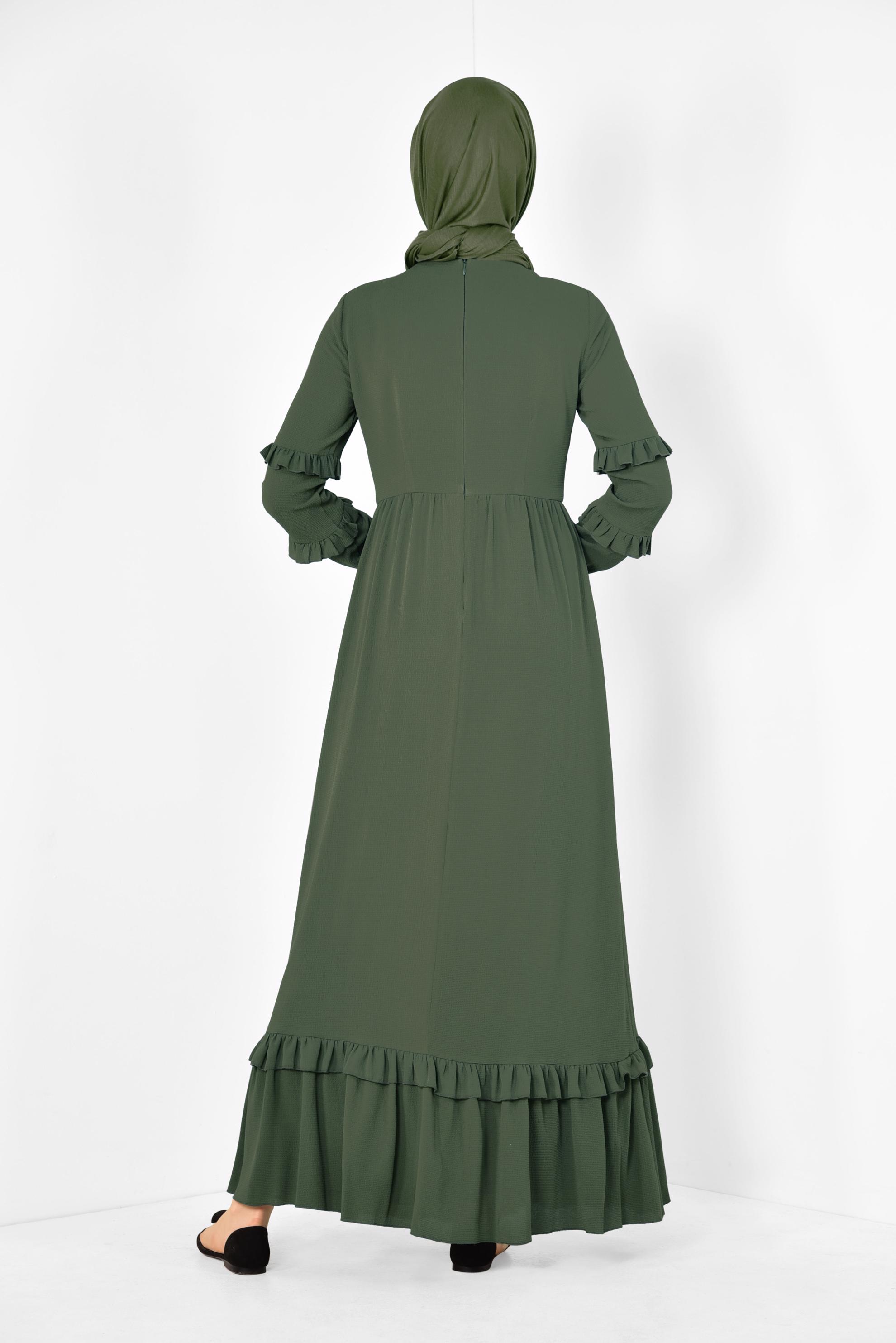 Tesettür giyim HAKİ DÜĞME DETAYLI FIRFIRLI ELBİSE 4357 