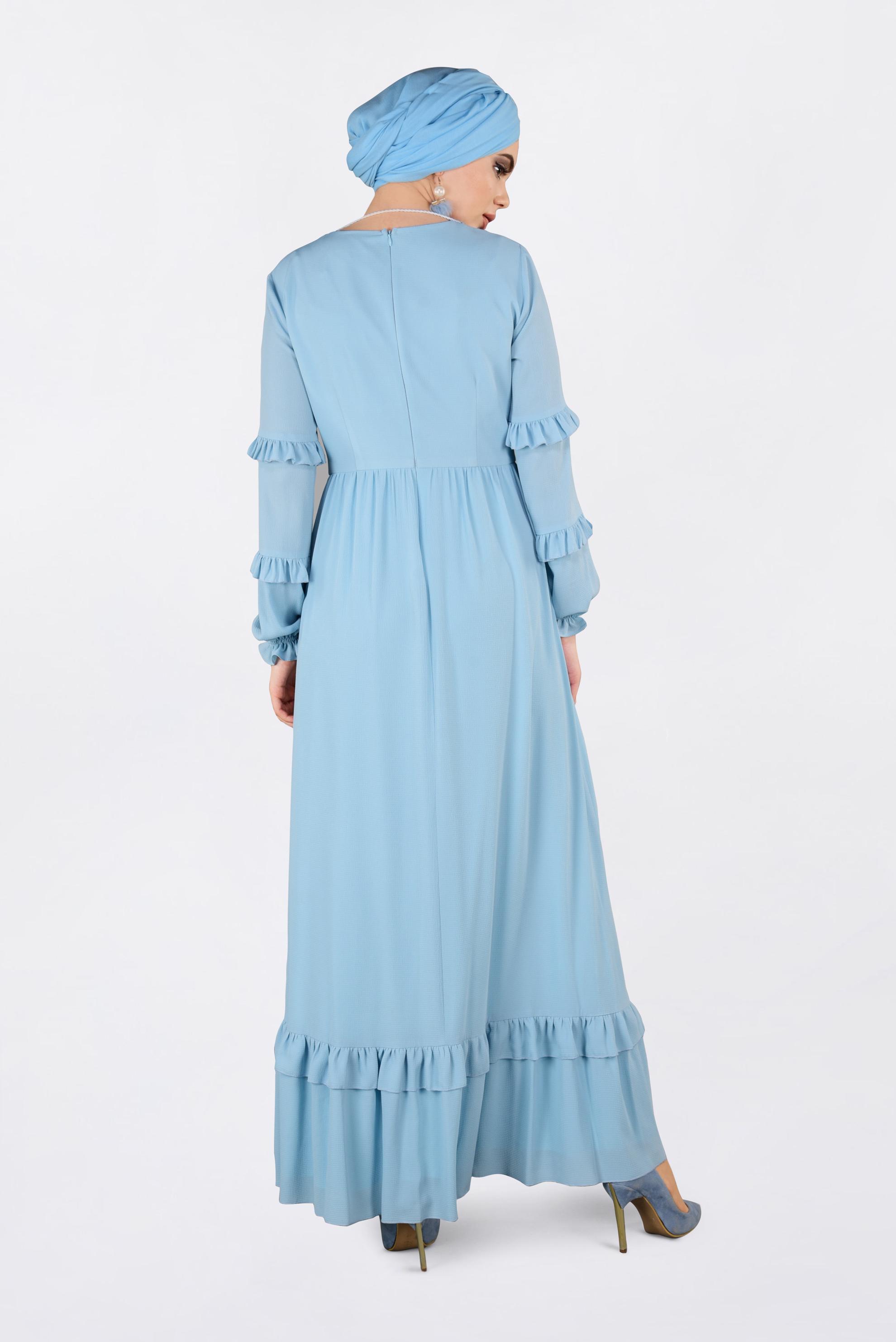 Tesettür giyim MAVİ DÜĞME DETAYLI FIRFIRLI ELBİSE 4357 