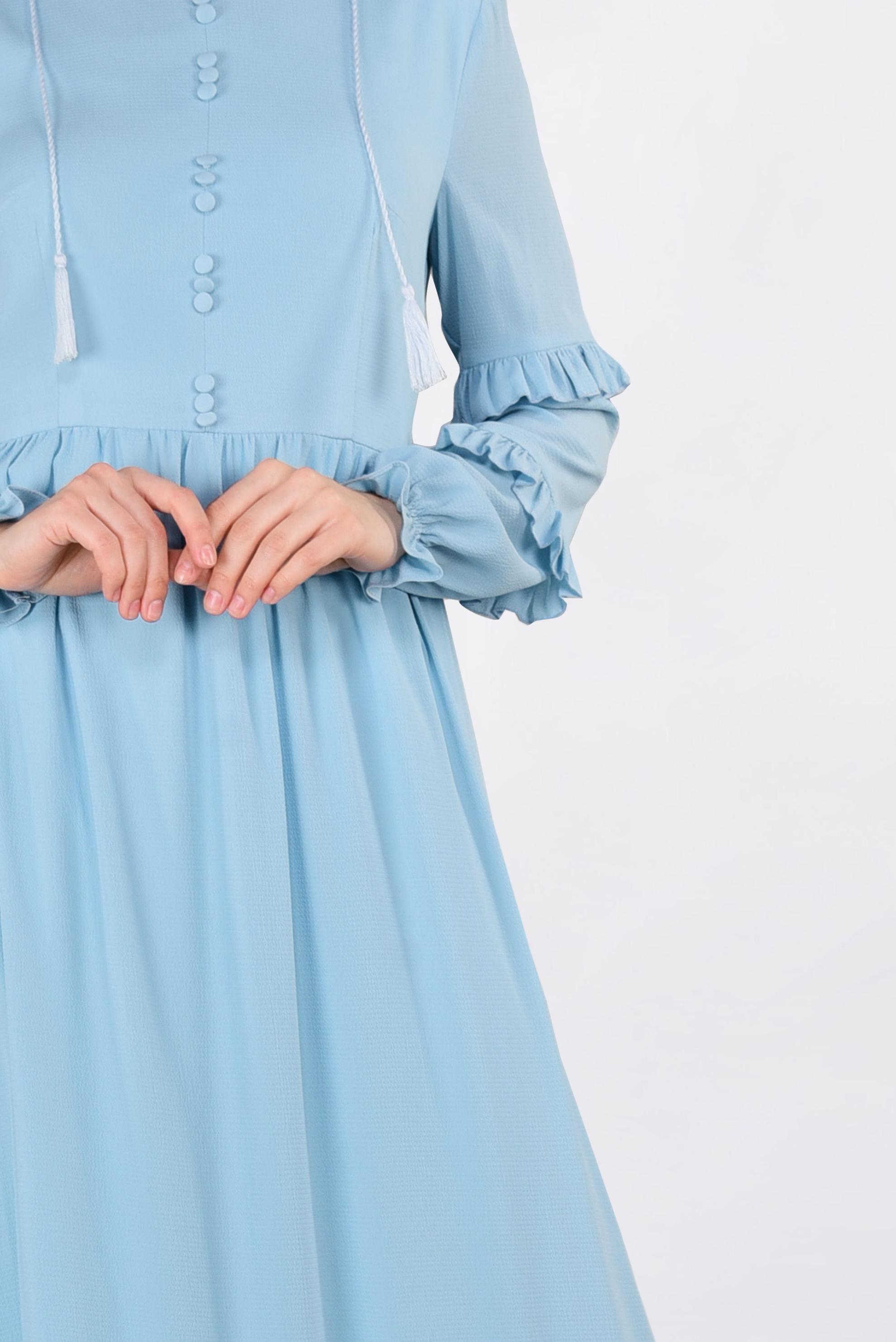 Tesettür giyim MAVİ DÜĞME DETAYLI FIRFIRLI ELBİSE 4357 