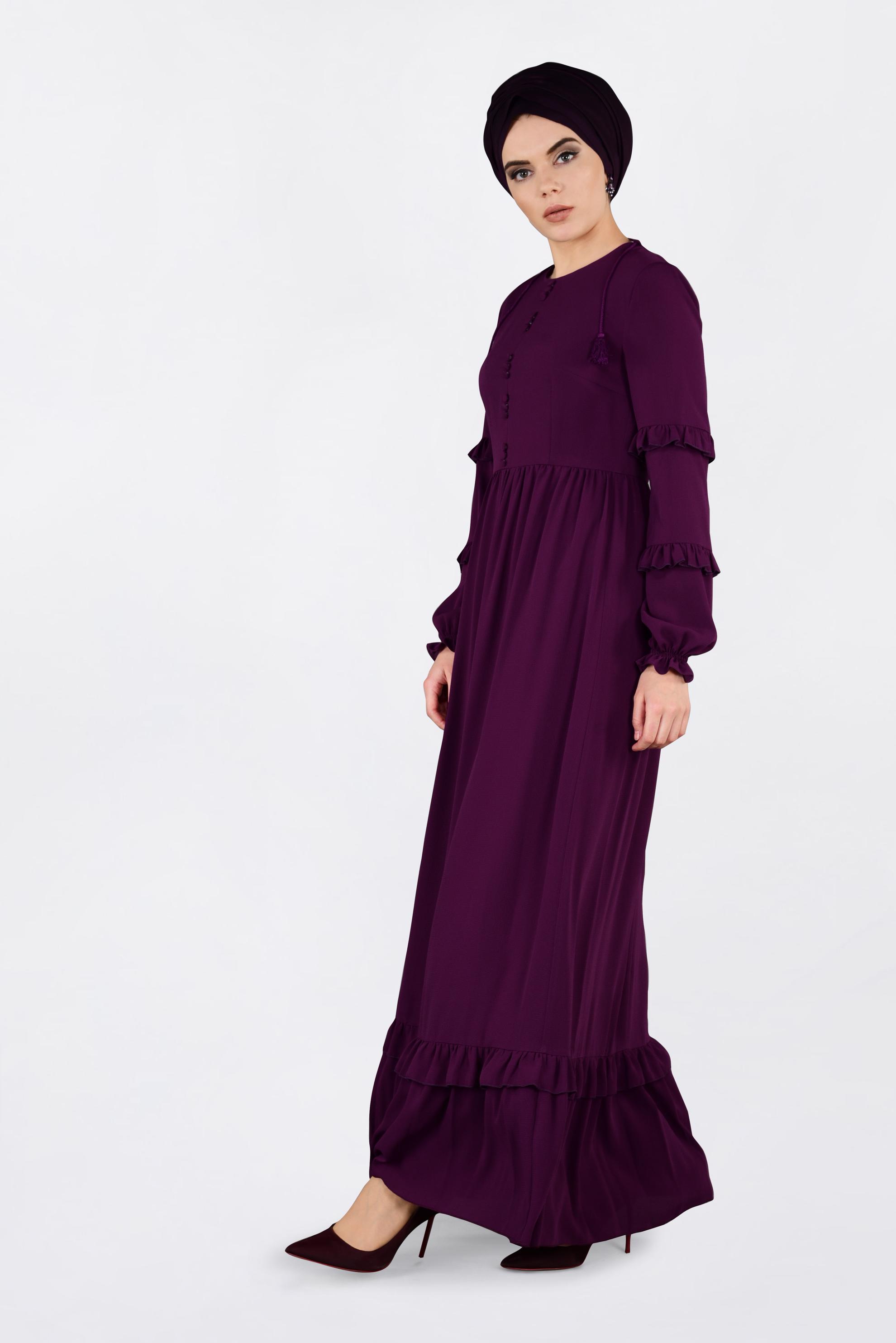 Tesettür giyim MOR DÜĞME DETAYLI FIRFIRLI ELBİSE 4357 