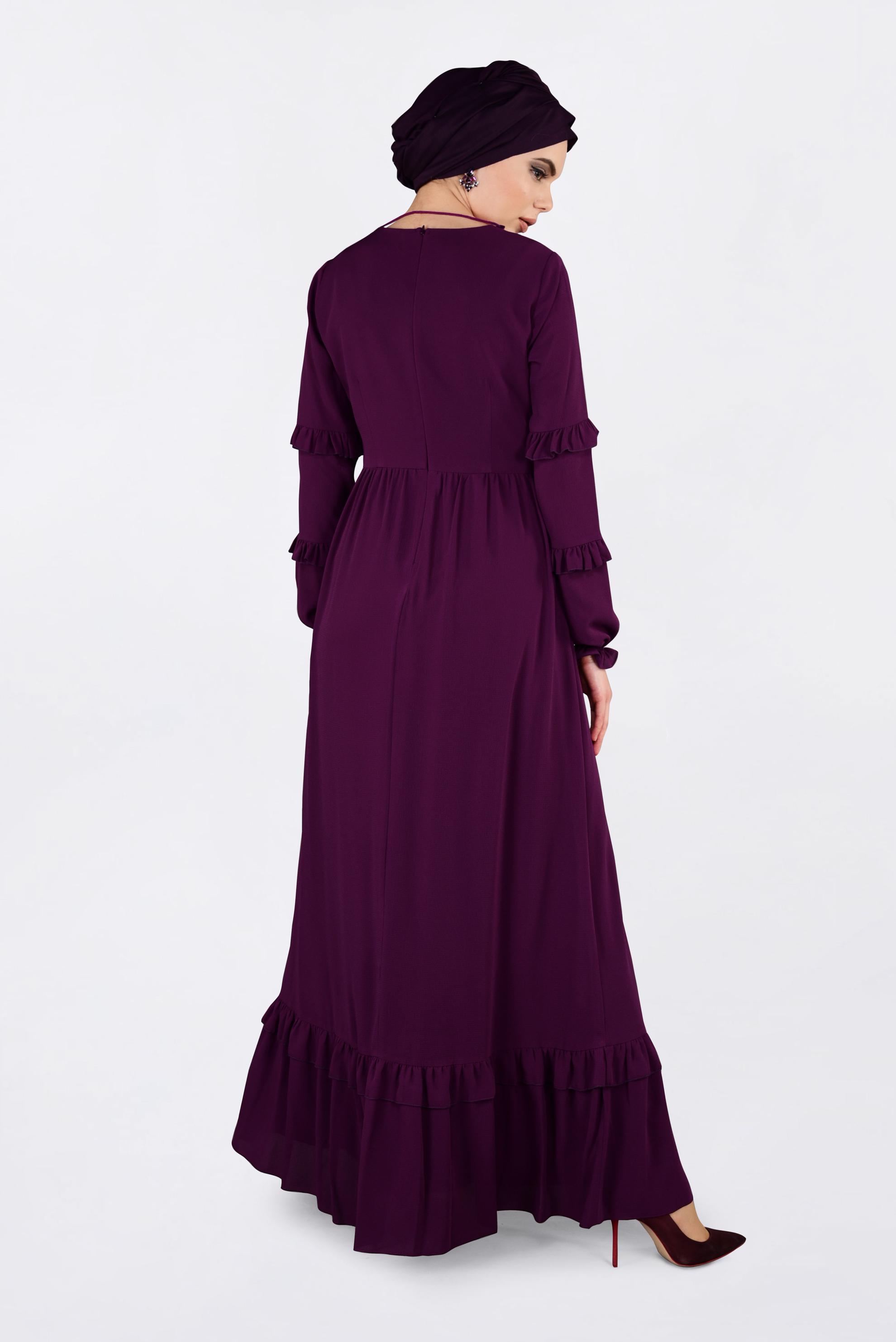 Tesettür giyim MOR DÜĞME DETAYLI FIRFIRLI ELBİSE 4357 
