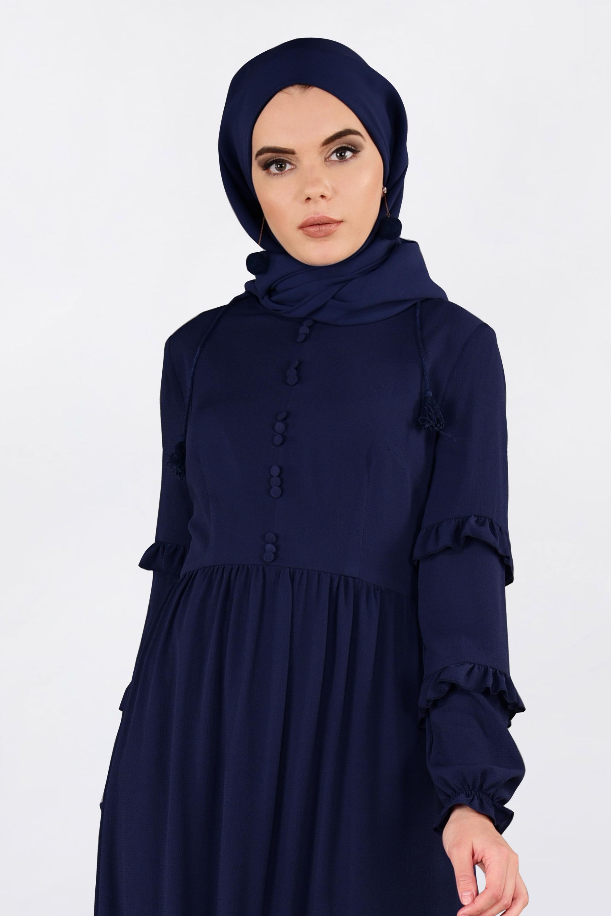 Tesettür giyim LACİVERT DÜĞME DETAYLI FIRFIRLI ELBİSE 4357 