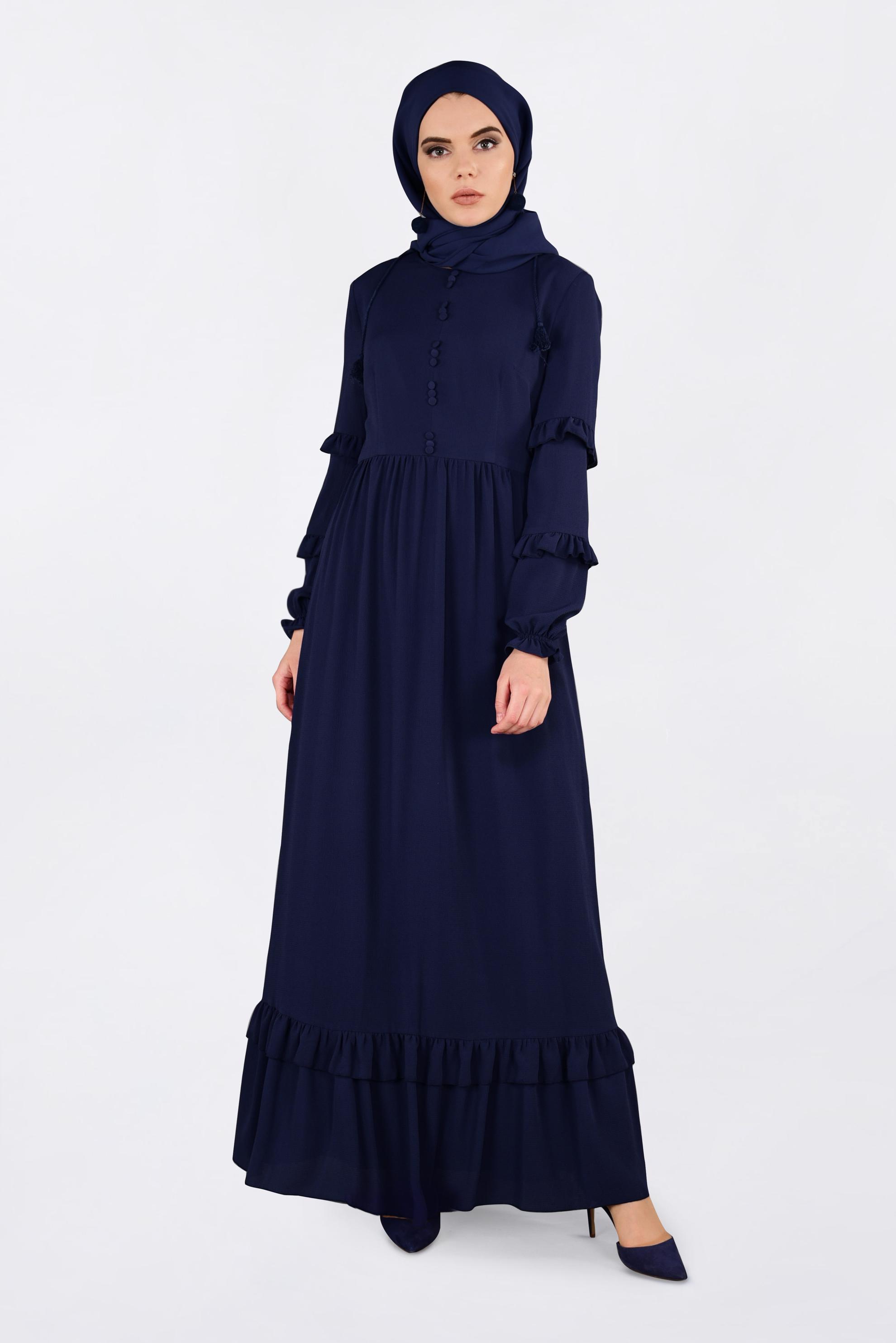 Tesettür giyim LACİVERT DÜĞME DETAYLI FIRFIRLI ELBİSE 4357 