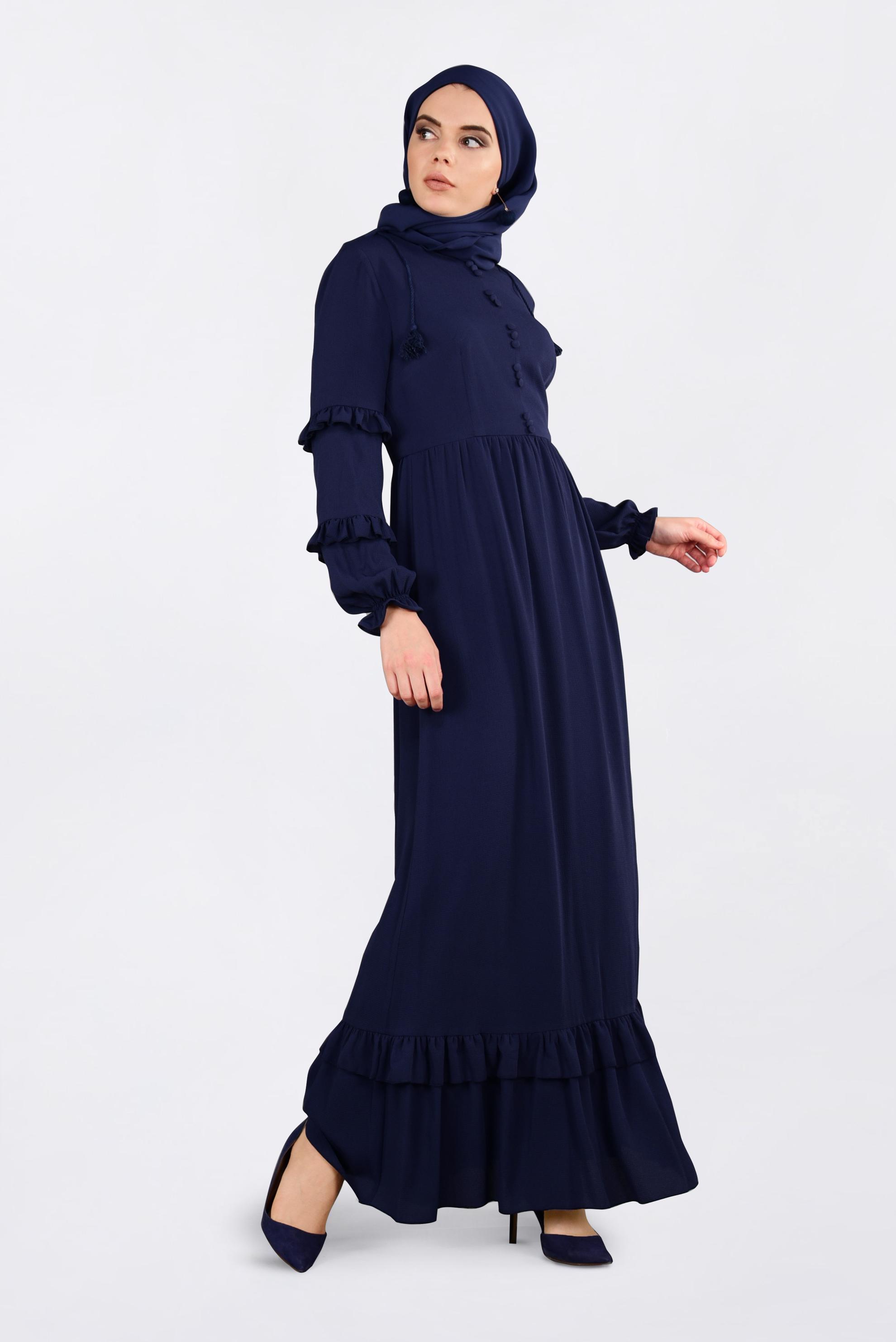Tesettür giyim LACİVERT DÜĞME DETAYLI FIRFIRLI ELBİSE 4357 
