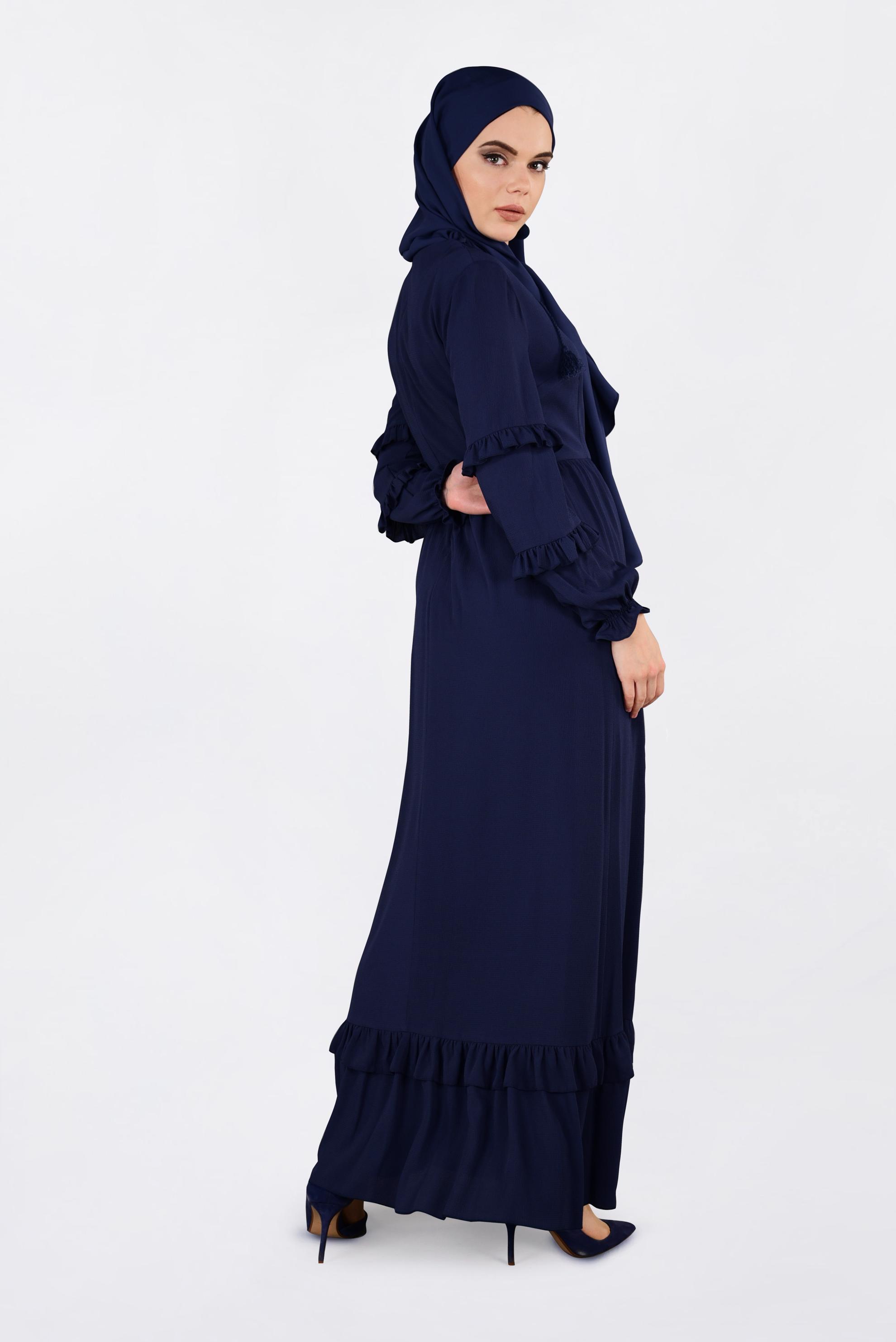 Tesettür giyim LACİVERT DÜĞME DETAYLI FIRFIRLI ELBİSE 4357 