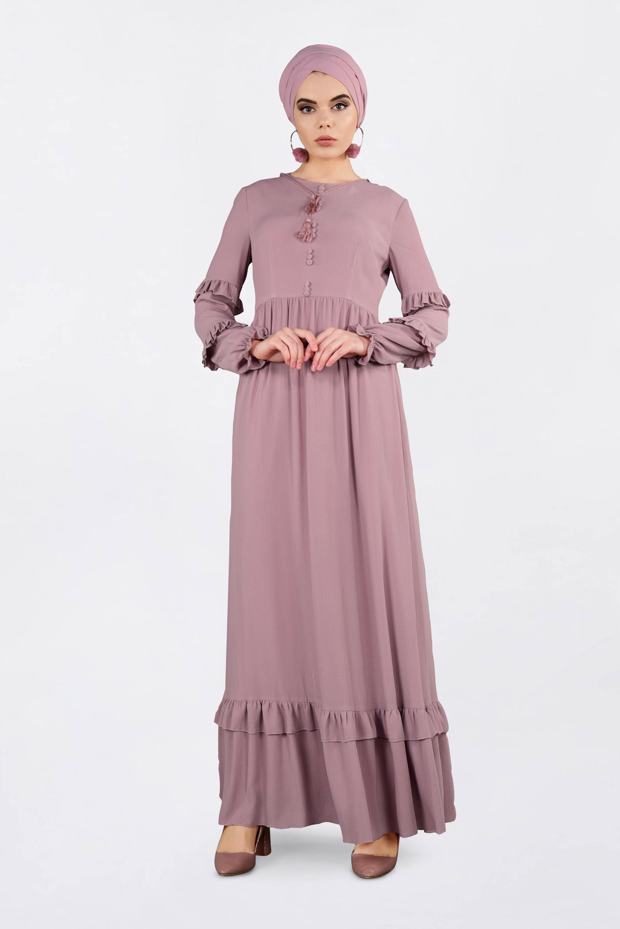 Tesettür giyim PEMBE DÜĞME DETAYLI FIRFIRLI ELBİSE 4357 